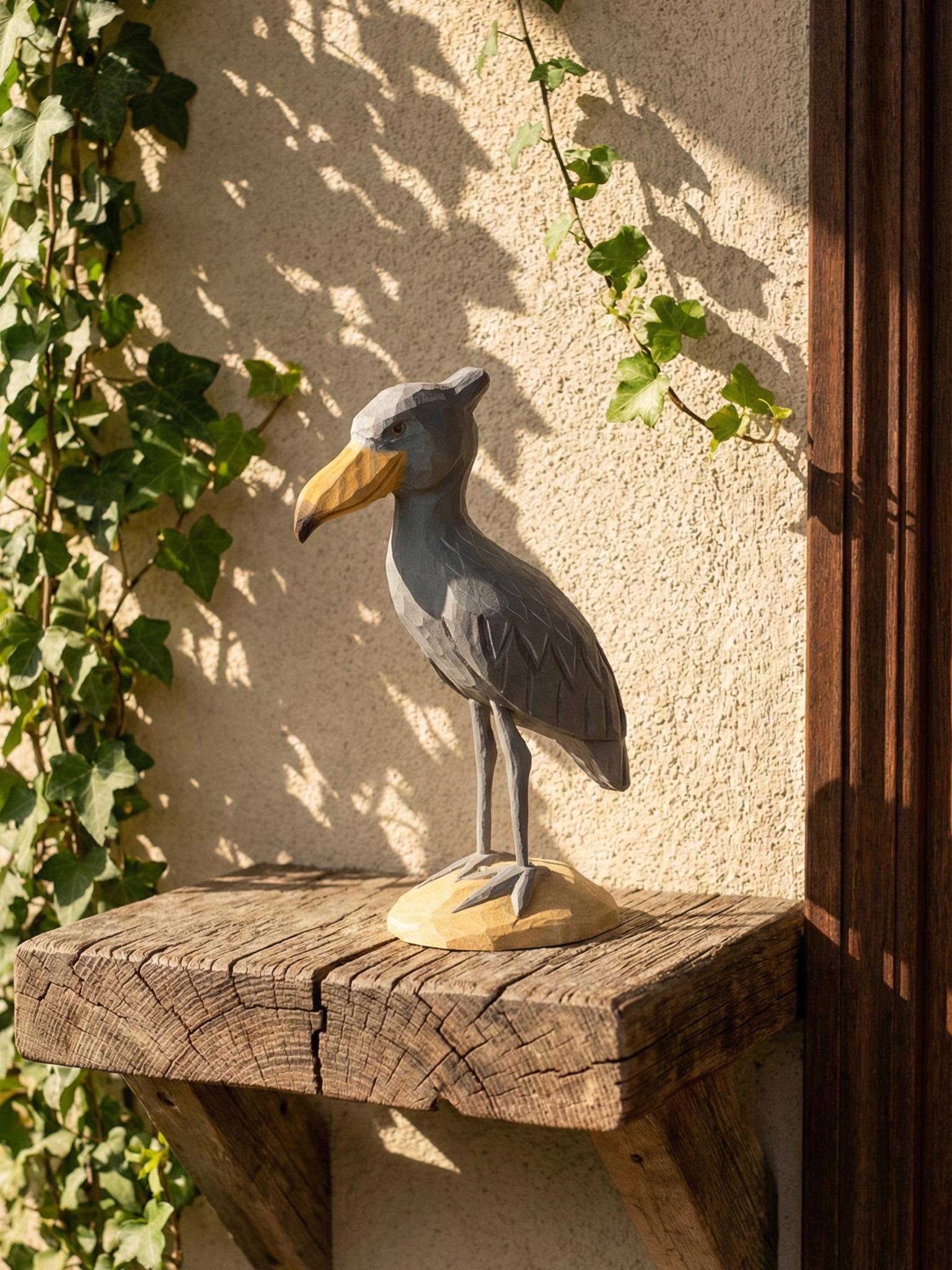 Hand Carved Wooden Shoebill Stork Statue, Rustic Bird Decor