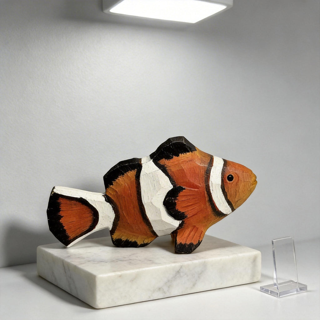 Hand Carved Wooden Clownfish Figurine, Nautical Nursery Decor, Tropical Sea Animal Sculpture, Hand Painted Fish Ornament