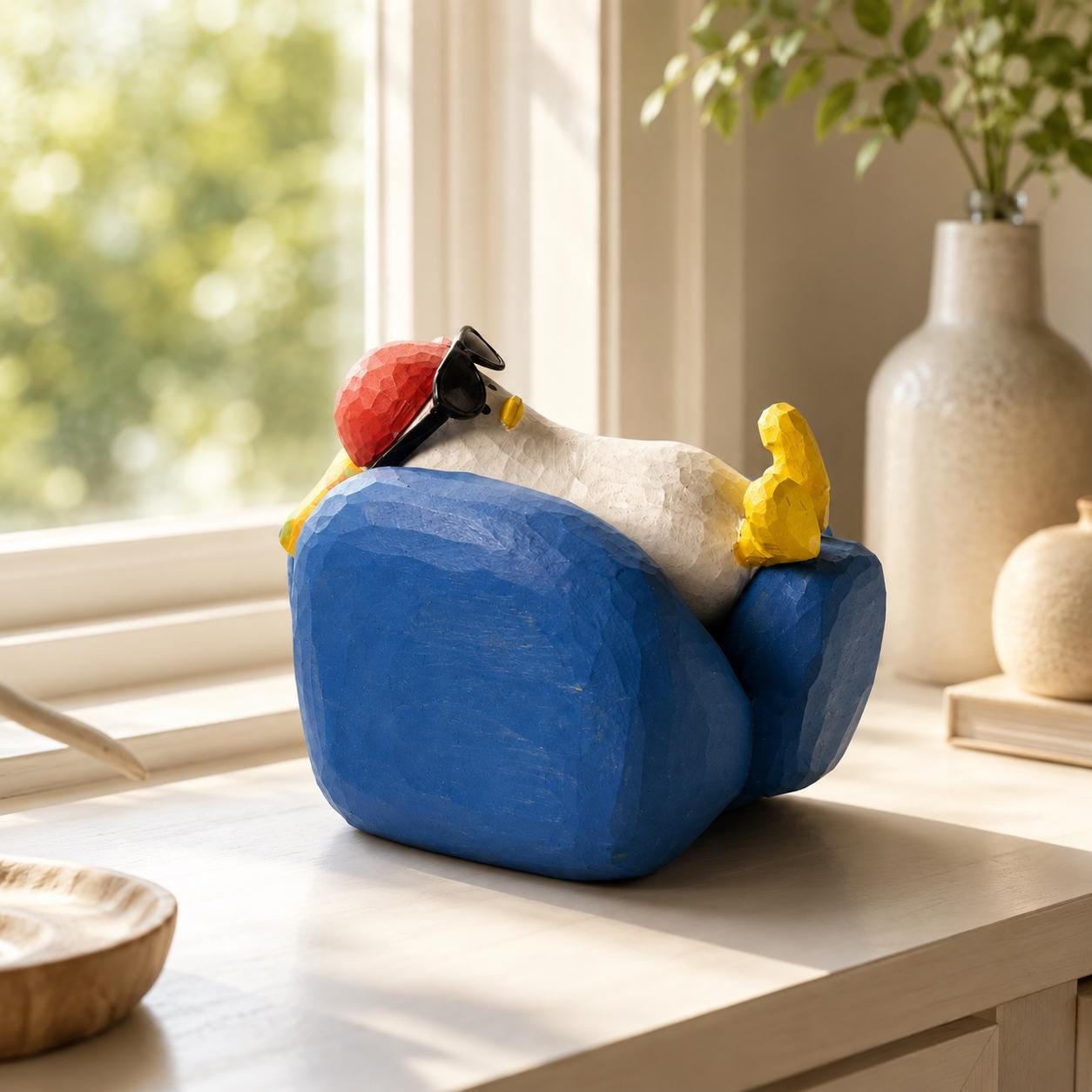 Funny Wooden Duck in Armchair Figurine, Hand Carved Chill Bird Decor, Whimsical Desk Accessory, Unique Gift for Coworker or Friend