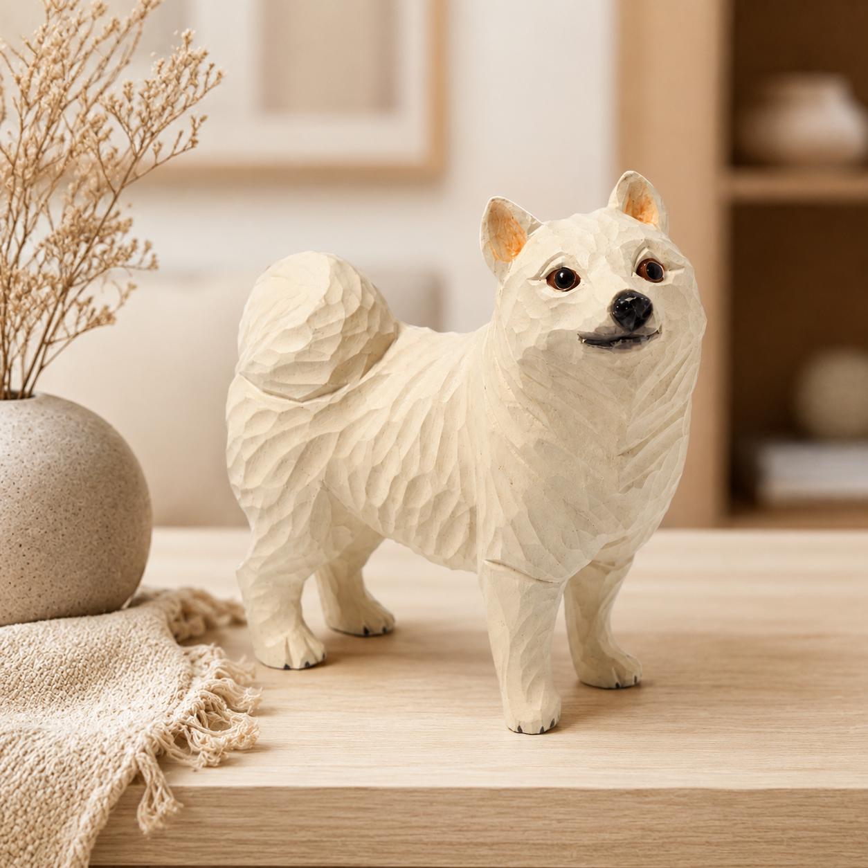 Handcarved White Spitz Dog Figurine Wooden Puppy Statue Rustic Shelf Decor Pet Memorial Gift Carved Samoyed Sculpture Dog Lover Present