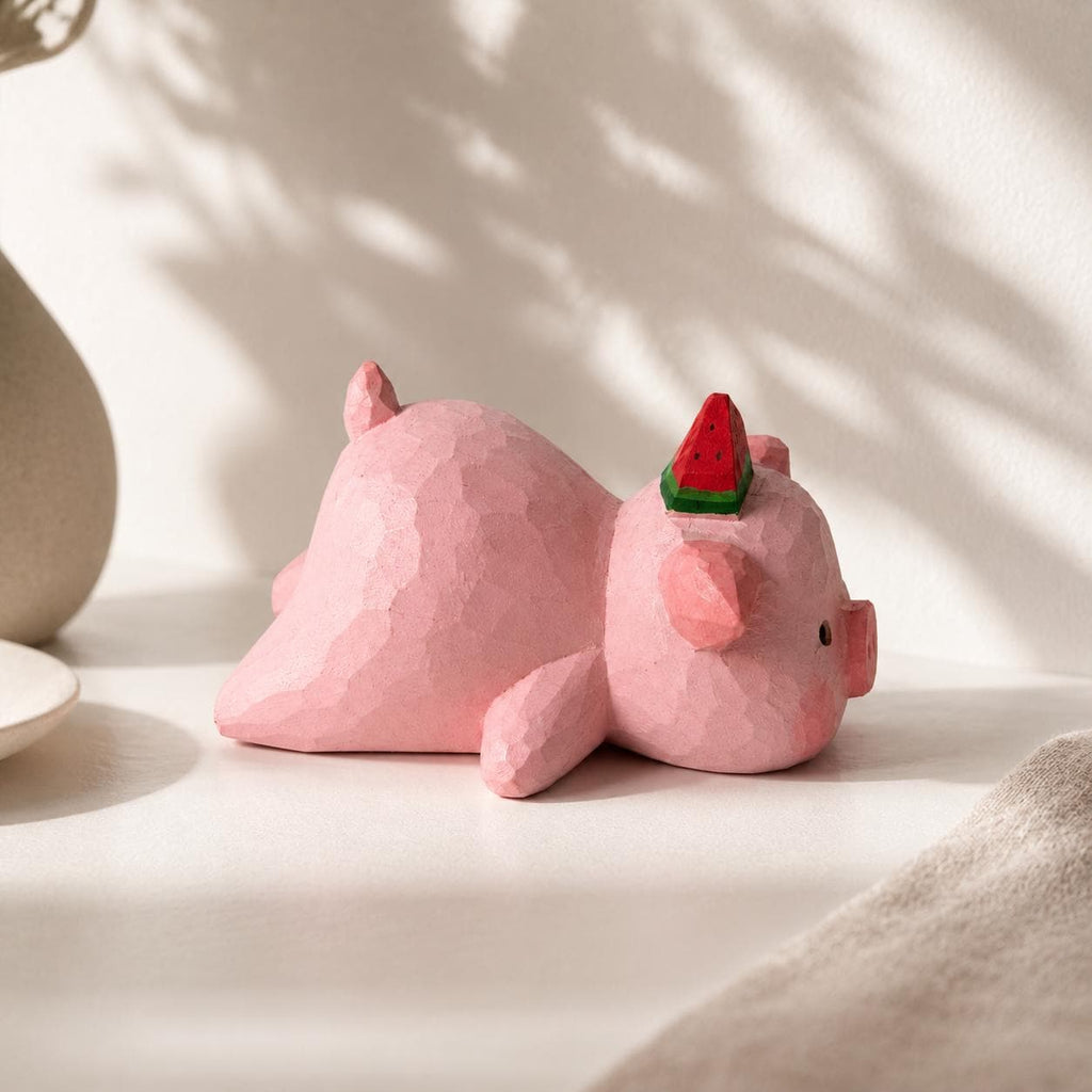 Adorable Wooden Pig Figurine with Watermelon, Hand Carved Animal Decor, Cute Desk Accessory, Unique Gift for Pig Lovers