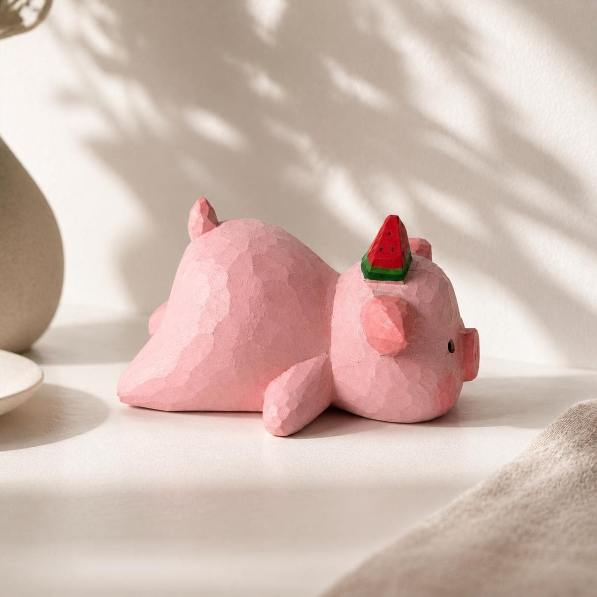 Adorable Wooden Pig Figurine with Watermelon, Hand Carved Animal Decor, Cute Desk Accessory, Unique Gift for Pig Lovers