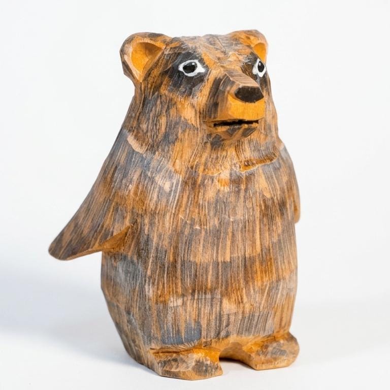 Whimsical Hand Carved Wooden Bear Figurine, Cute Grizzly Bear Statue, Rustic Forest Animal Decor, Unique Wood Anniversary Gift, Nursery Art