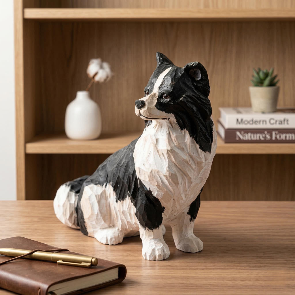 Hand-Carved Wooden Border Collie Figurine, Black and White Dog Sculpture, Rustic Pet Memorial Gift, Dog Lover Home Decor