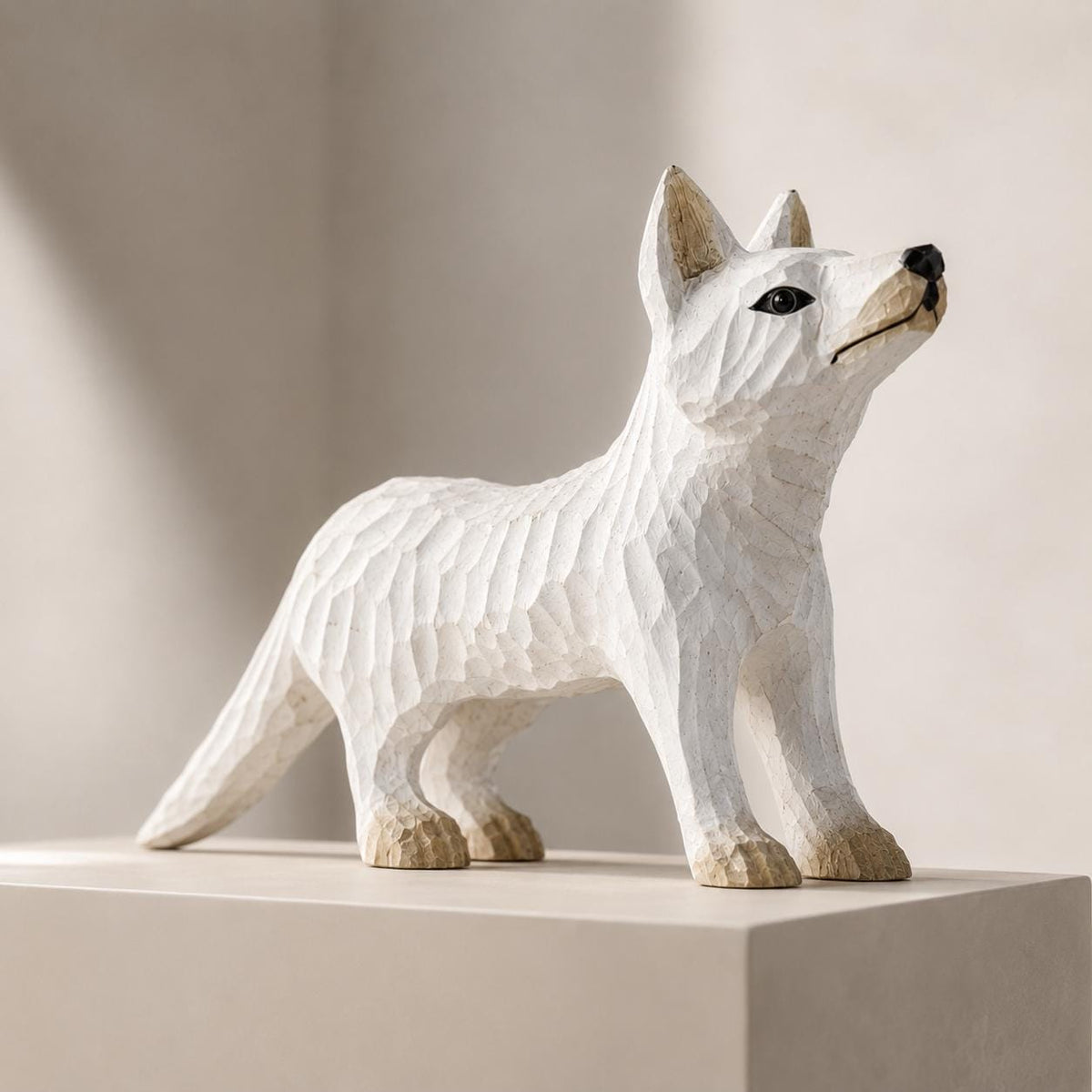 Whimsical White Arctic Fox Hand Carved Wood Figurine Woodland Animal Nursery Decor Rustic Desk Accessory Unique Gift for Nature Lover