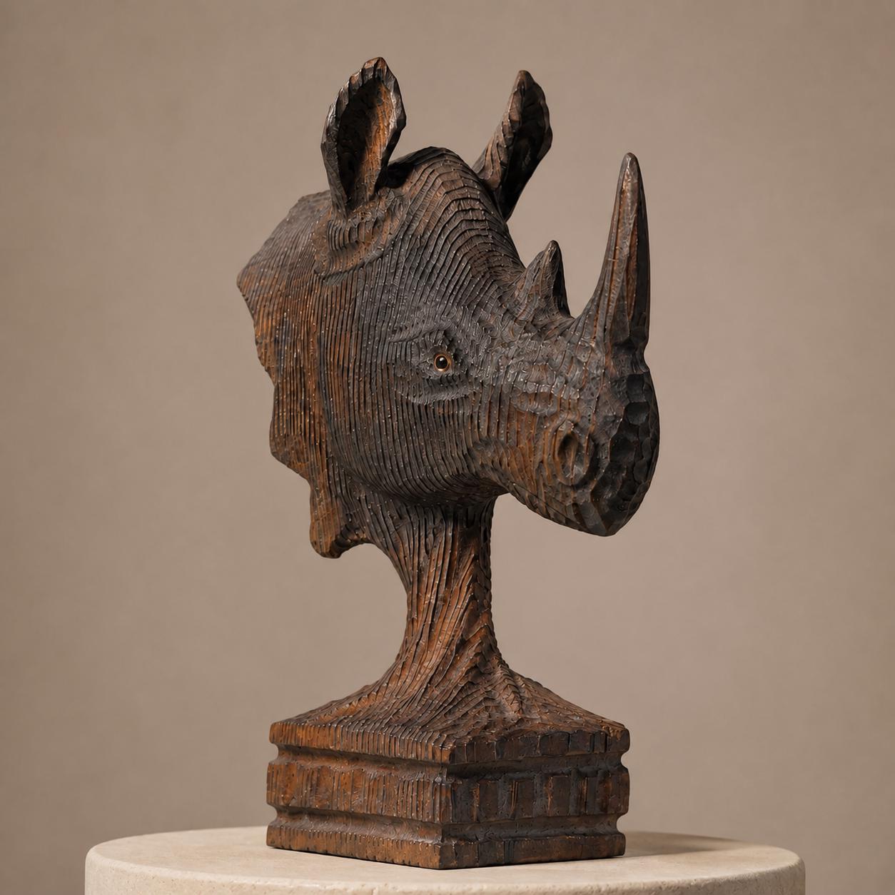 Majestic Wooden Rhino Bust Hand Carved Animal Sculpture Rustic Safari Desk Decor Unique Wildlife Lover Gift for Him