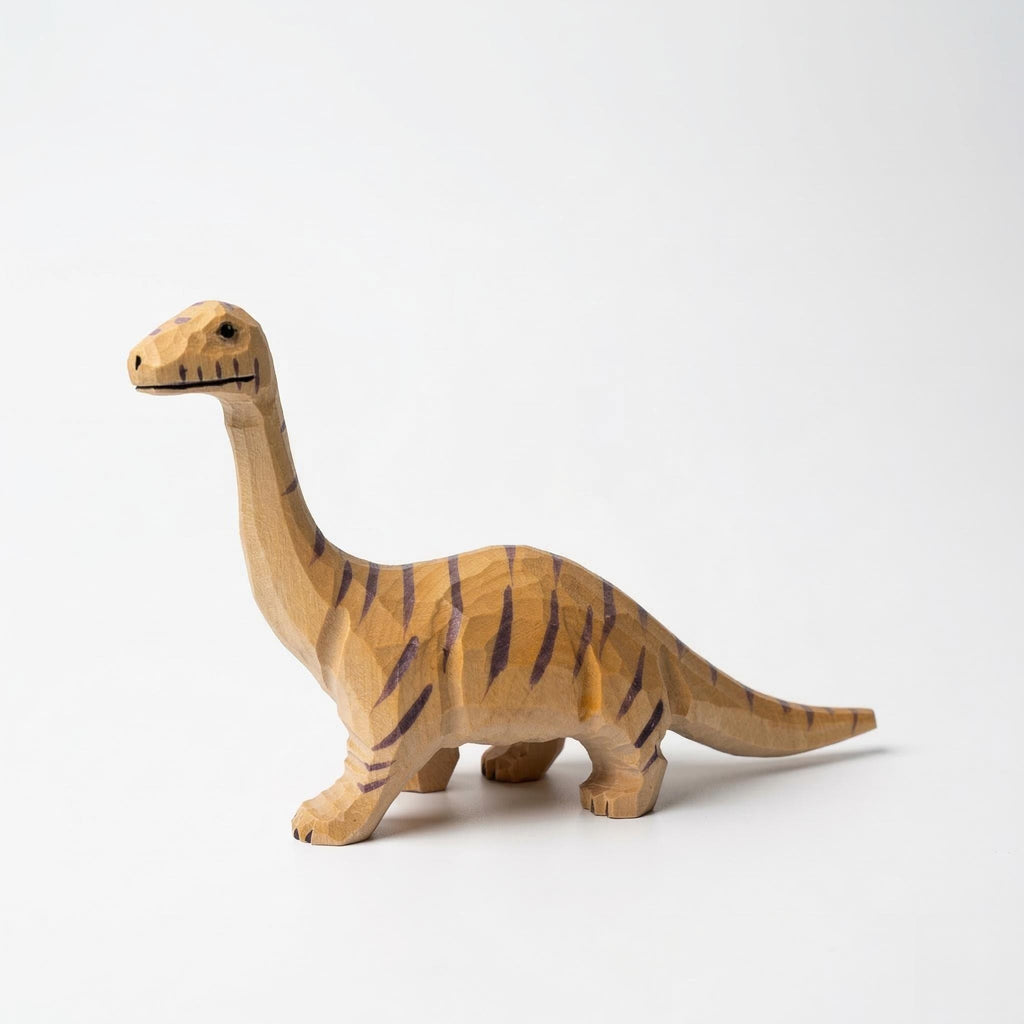 Hand Carved Wooden Brontosaurus Figurine Striped Dinosaur Nursery Decor Whimsical Desk Accessory Unique Birthday Gift for Dino Lover