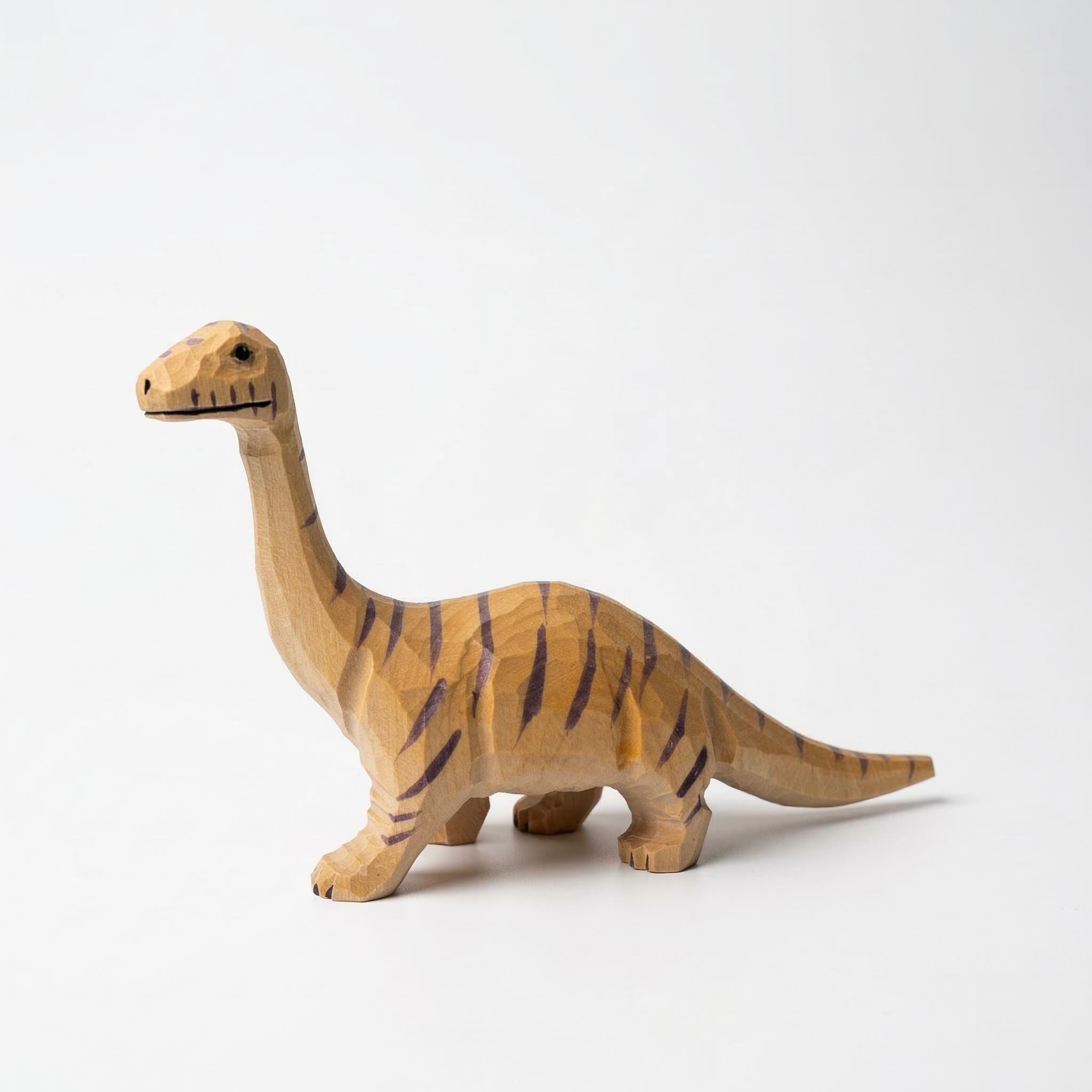 Hand Carved Wooden Brontosaurus Figurine Striped Dinosaur Nursery Decor Whimsical Desk Accessory Unique Birthday Gift for Dino Lover