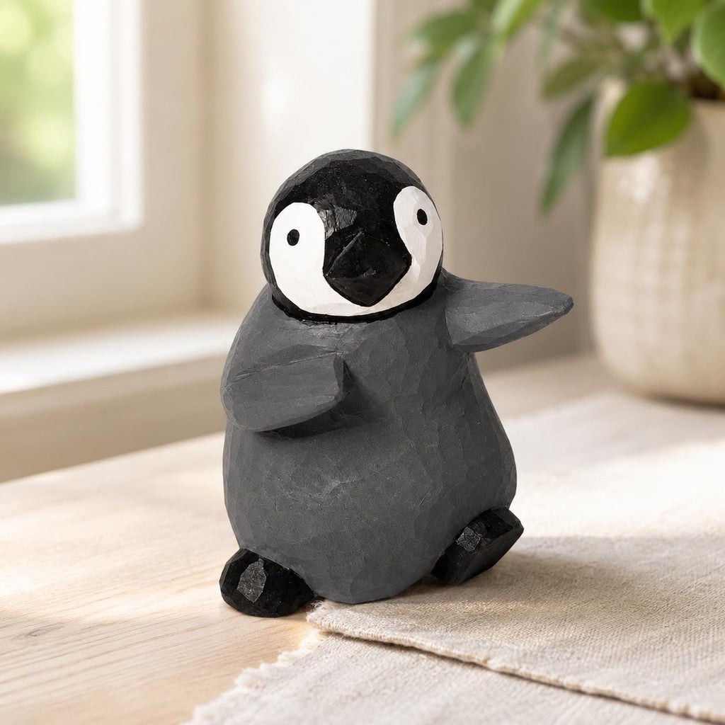 Whimsical Wooden Penguin Figurine Hand Carved Animal Decor Nursery Ornament Unique Baby Shower Gift