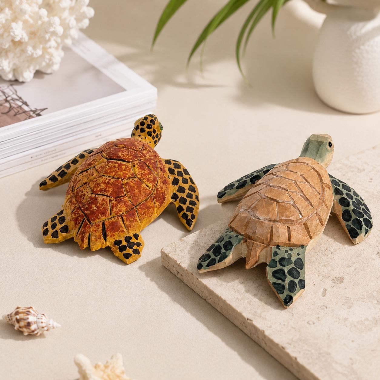 Whimsical Sea Turtle Wood Carving, Coastal Decor Animal Figurine, Ocean Lover Decor, Nautical Wooden Statue, Unique Beach Gift for Her