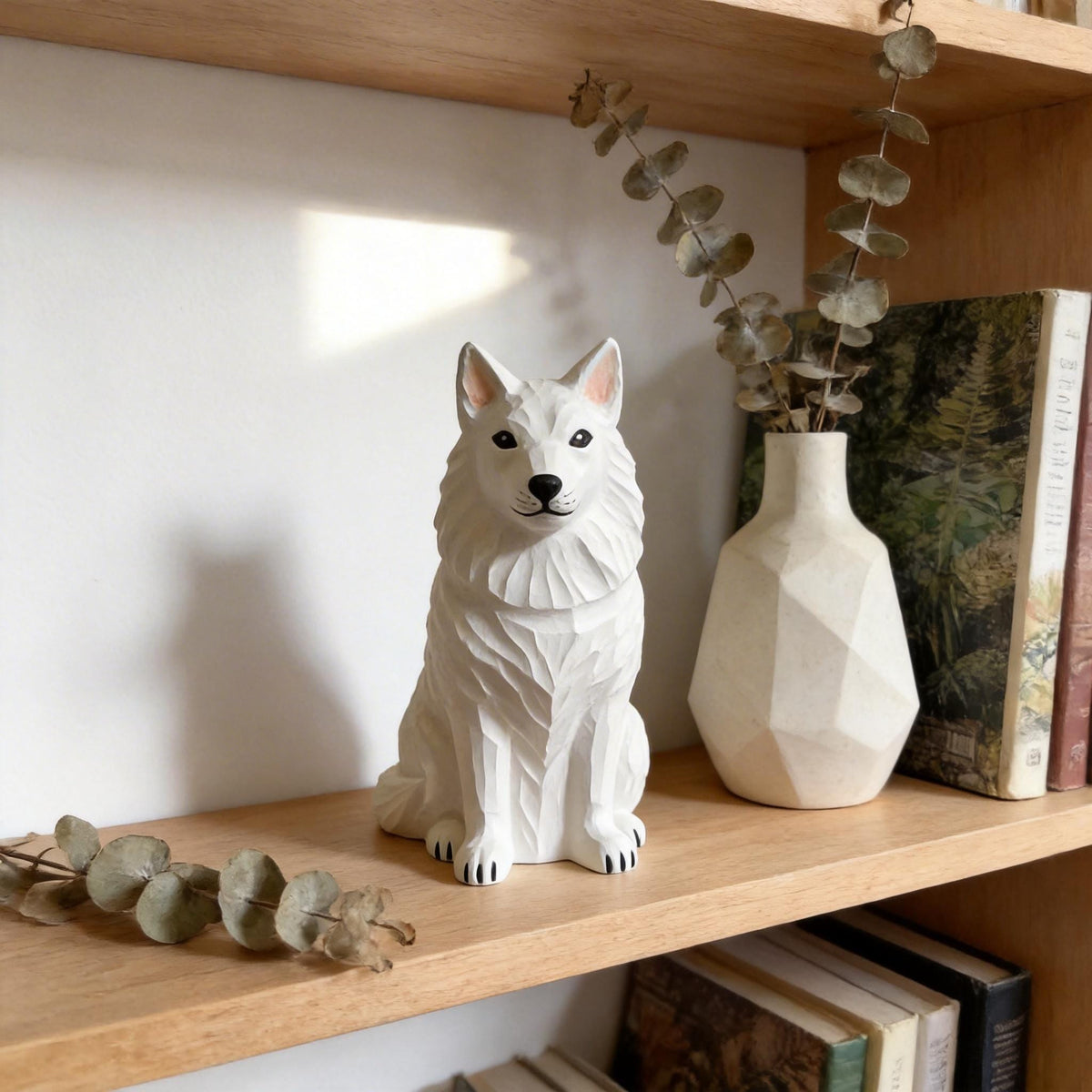 Hand Carved Wooden White Dog Figurine | Rustic Farmhouse Decor | White Shepherd Sculpture | Unique Woodland Animal Lover Gift