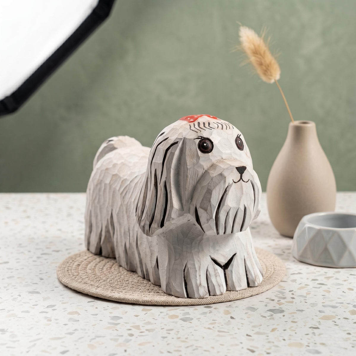 Whimsical Hand-Carved Wooden Dog Figurine White Maltese Shih Tzu Statue Rustic Pet Decor Unique Dog Lover Gift Handmade Animal Art
