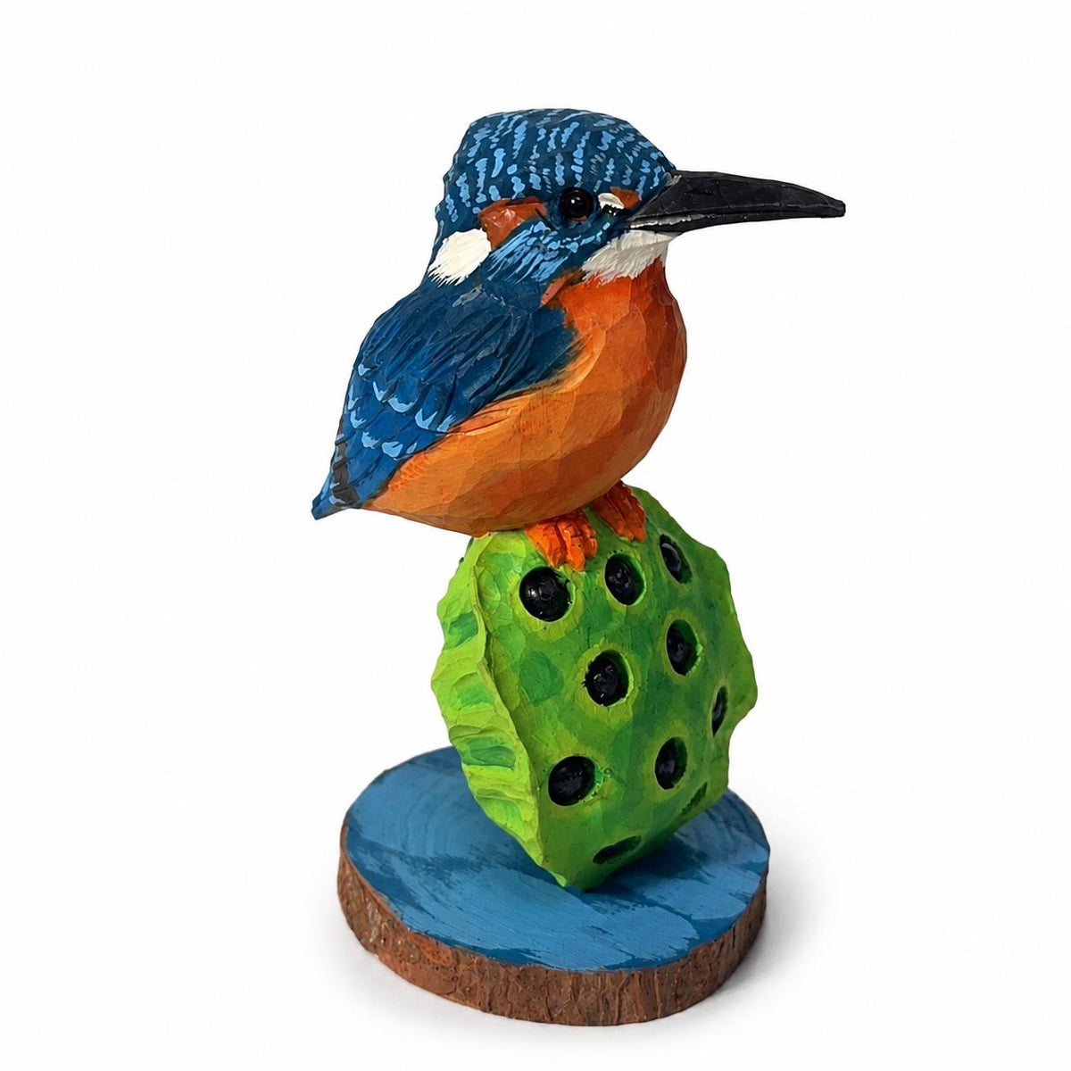 Vibrant Hand-Carved Wooden Kingfisher Figurine Lotus Pod Sculpture Nature Decor Bird Lover Gift