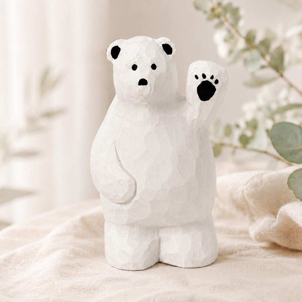 Friendly Waving Polar Bear Wood Carving, Handmade Arctic Animal Figurine, Whimsical Desk Pet, Winter Nursery Decor, Cute Wood Gift for Kids