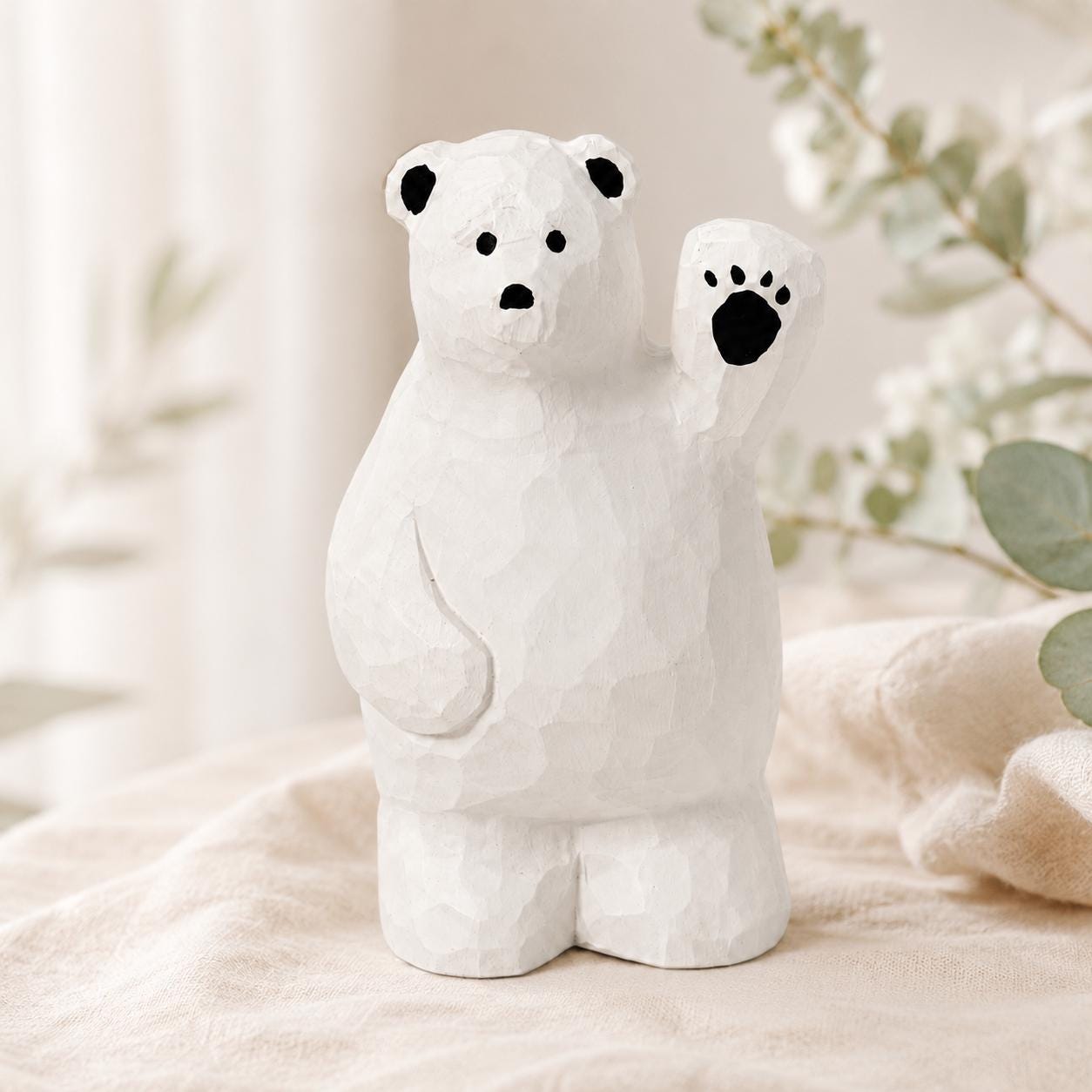 Friendly Waving Polar Bear Wood Carving, Handmade Arctic Animal Figurine, Whimsical Desk Pet, Winter Nursery Decor, Cute Wood Gift for Kids