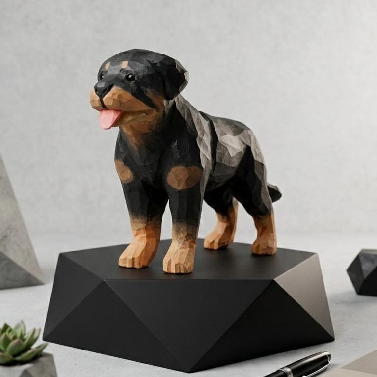 Hand-Carved Wooden Rottweiler Figurine – Realistic Hand-Painted Dog Sculpture