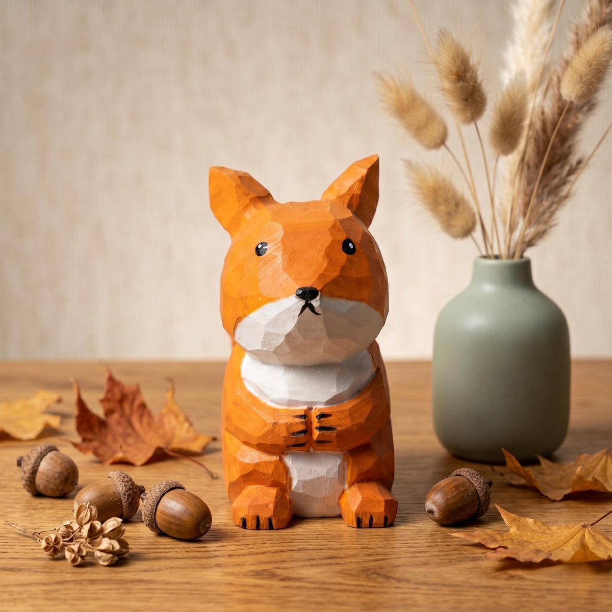 Whimsical Hand Carved Wooden Squirrel Figurine, Rustic Woodland Animal Decor, Cute Desk Accessory, Unique Gift for Nature Lovers