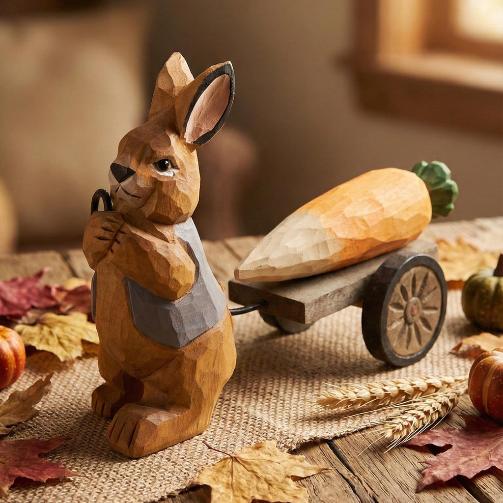 Handmade Wooden Rabbit Figurine, Bunny Pulling Wagon, Easter Decor, Gardener Gift, Spring Animal Art