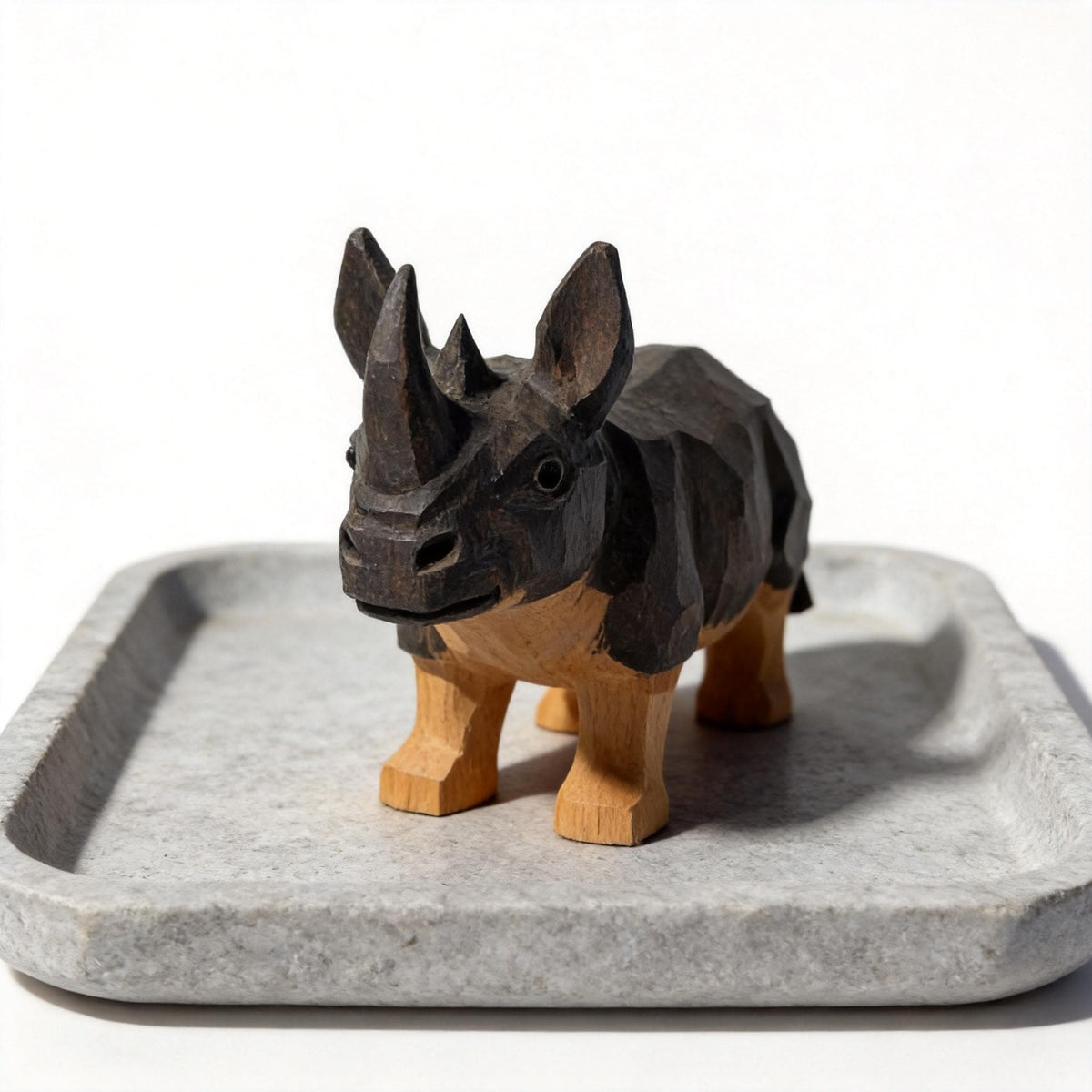 Rustic Hand Carved Wooden Rhino Figurine Geometric Wood Animal Sculpture Safari Decor Nursery Art Unique Gift for Animal Lover