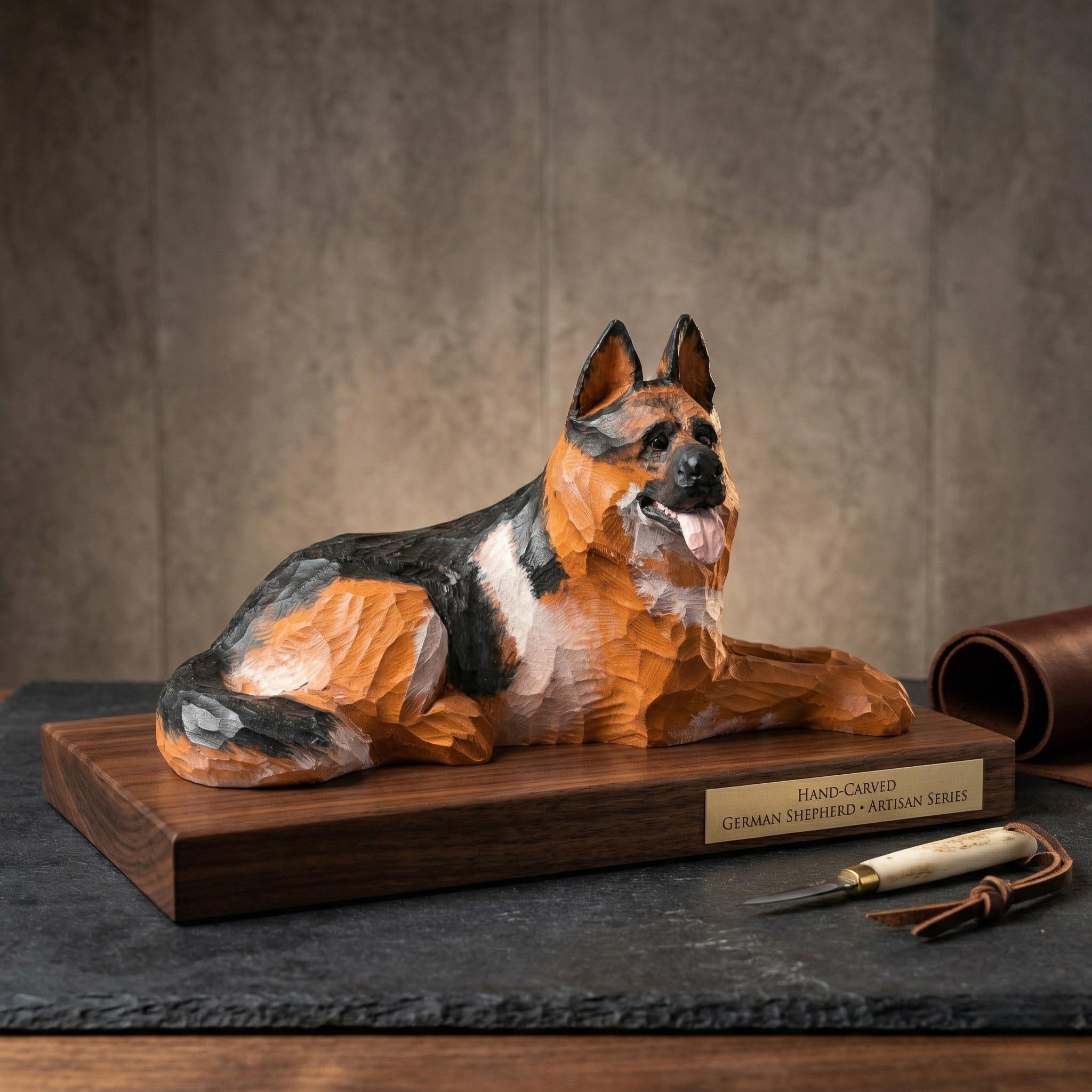 Rustic Hand-Carved Wooden German Shepherd Figurine | Dog Statue Home Decor | Pet Memorial Keepsake | Unique Gift for Dog Lovers