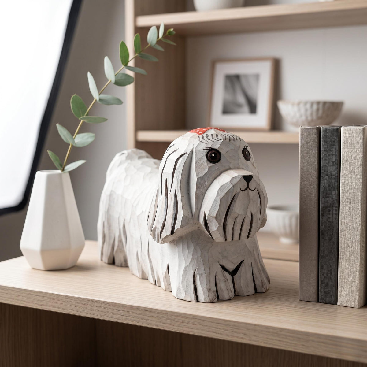 Whimsical Hand-Carved Wooden Dog Figurine White Maltese Shih Tzu Statue Rustic Pet Decor Unique Dog Lover Gift Handmade Animal Art