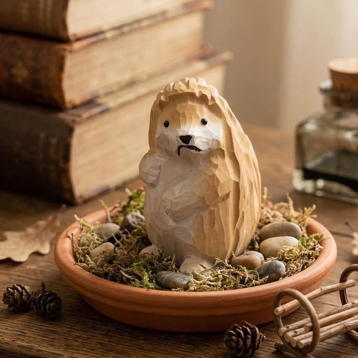 Hand Carved Wooden Hedgehog Figurine, Grumpy Woodland Animal Decor, Whimsical Desk Pet, Rustic Shelf Sitter, Unique Gift for Nature Lover