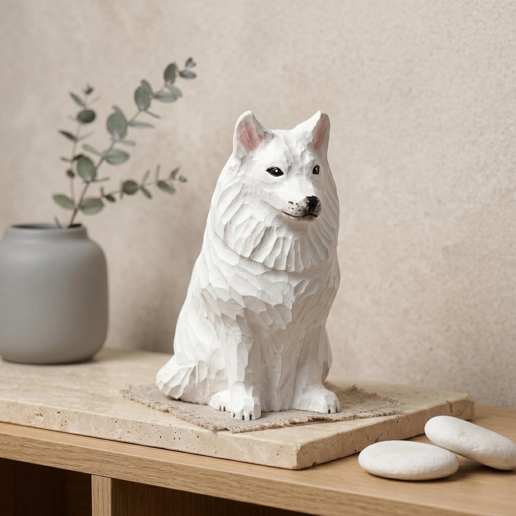 Sweet Hand Carved Wooden Samoyed Dog, Minimalist White Pet Figurine, Rustic Animal Art Sculpture, Thoughtful Dog Lover Gift Memorial
