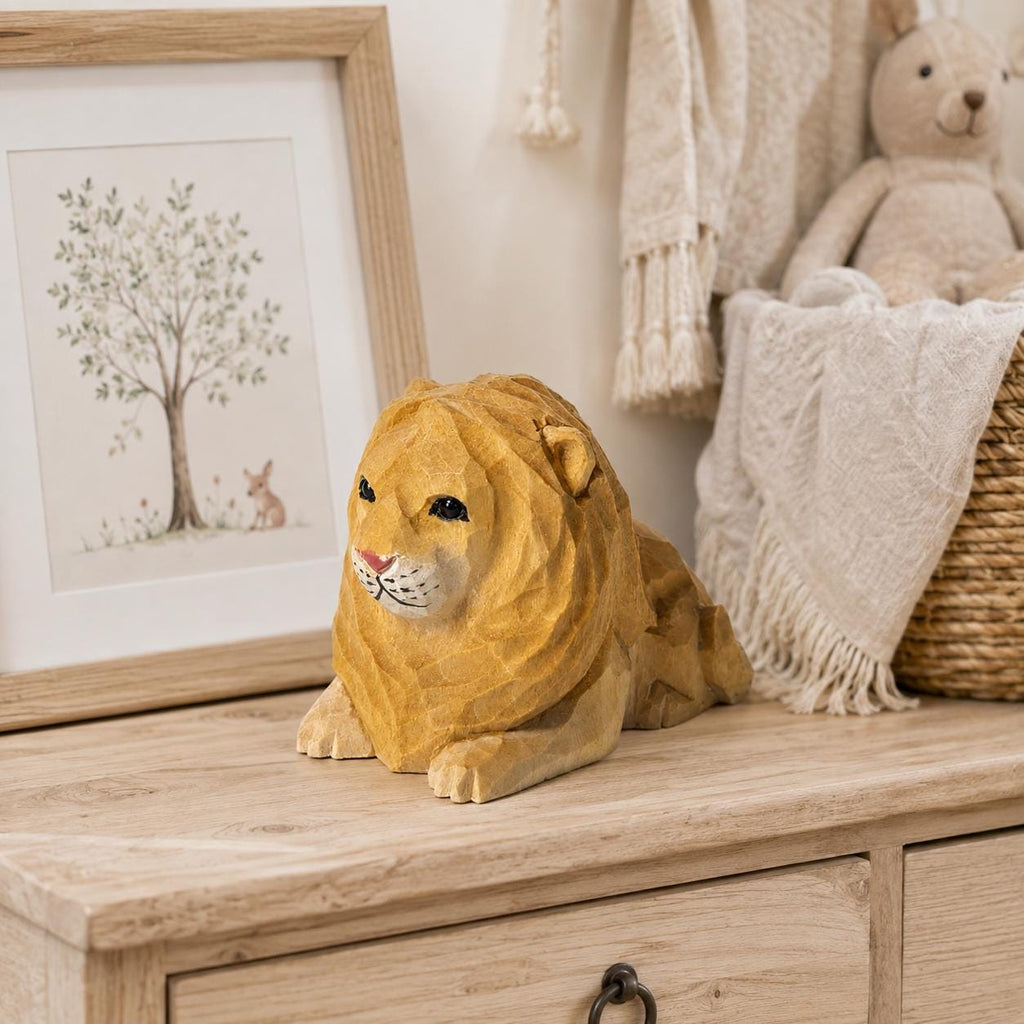 Gentle Wooden Lion Carving, Handmade Safari Animal Figurine, Geometric Wood Art, Unique Nursery Decor, Thoughtful Gift for Lion Lover