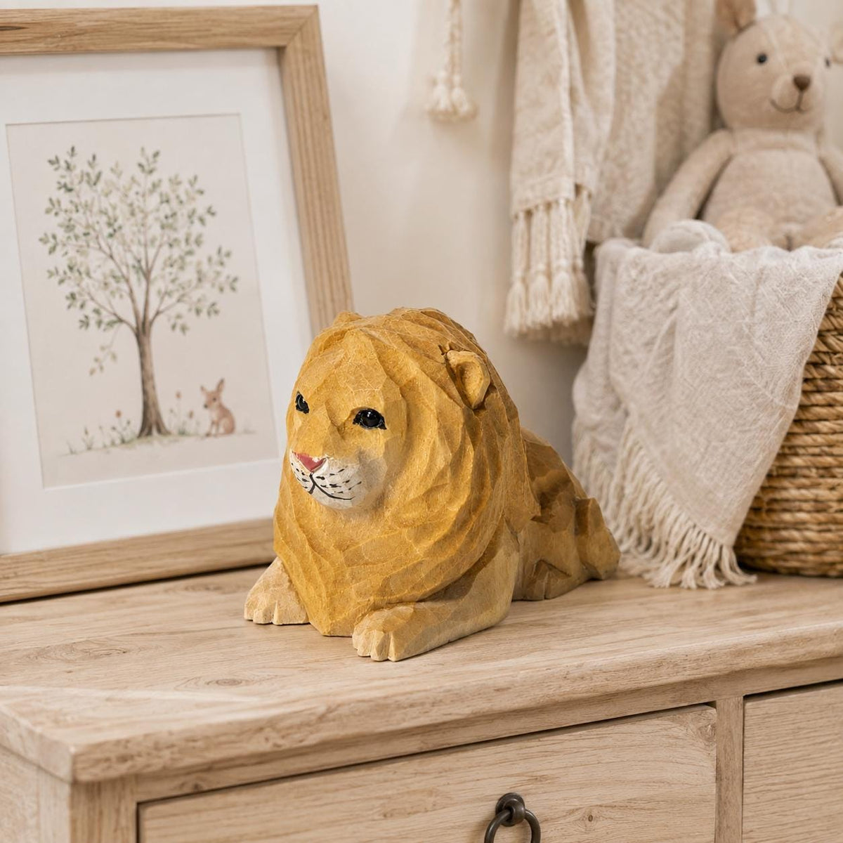 Gentle Wooden Lion Carving, Handmade Safari Animal Figurine, Geometric Wood Art, Unique Nursery Decor, Thoughtful Gift for Lion Lover