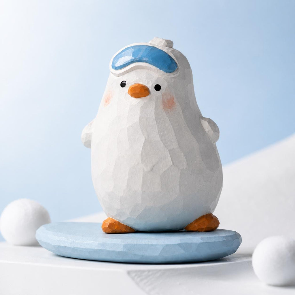 Whimsical Snowboarding Bird Wood Carving, Cute Winter Decor, Hand Carved Penguin Figurine, Ski Lover Gift