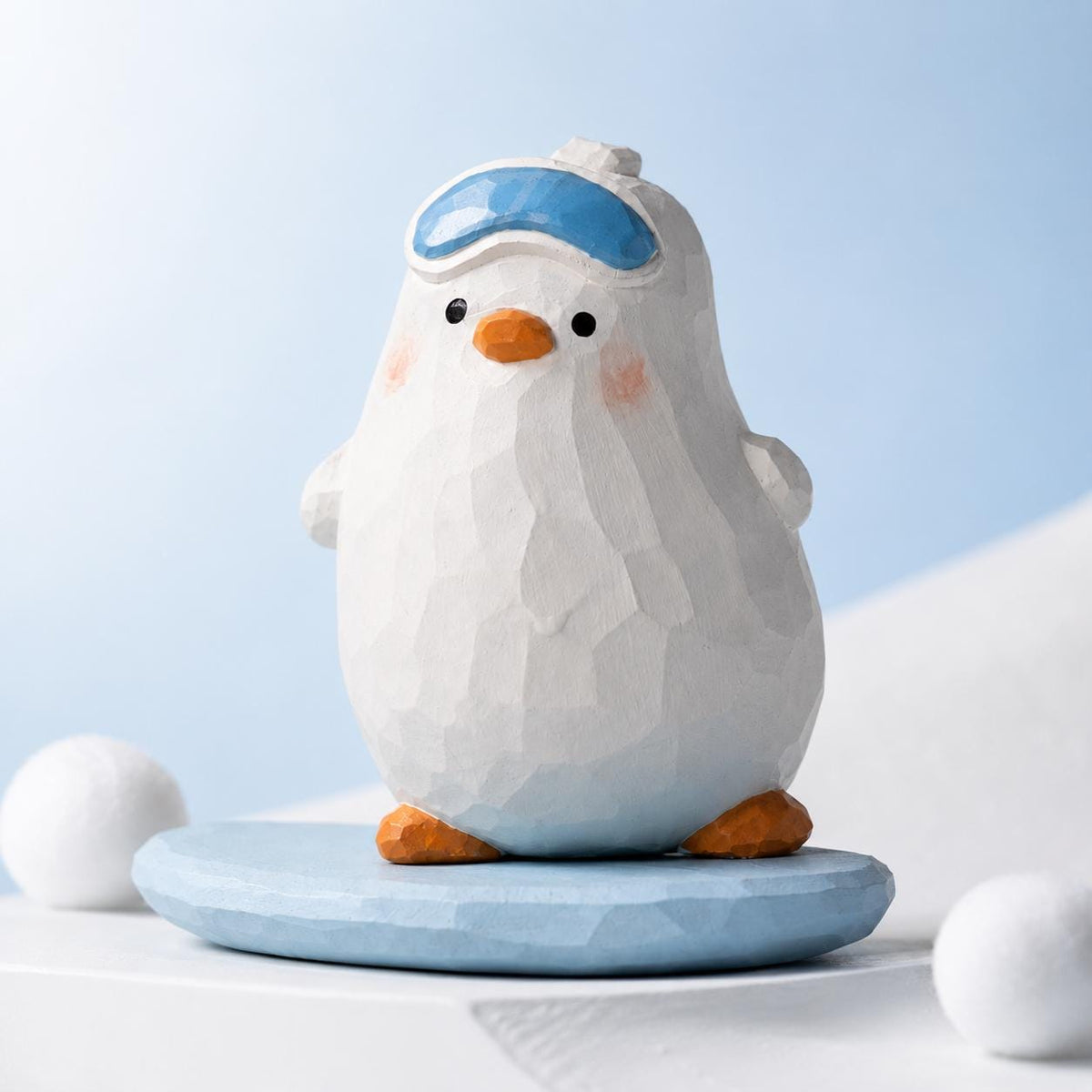 Whimsical Snowboarding Bird Wood Carving, Cute Winter Decor, Hand Carved Penguin Figurine, Ski Lover Gift