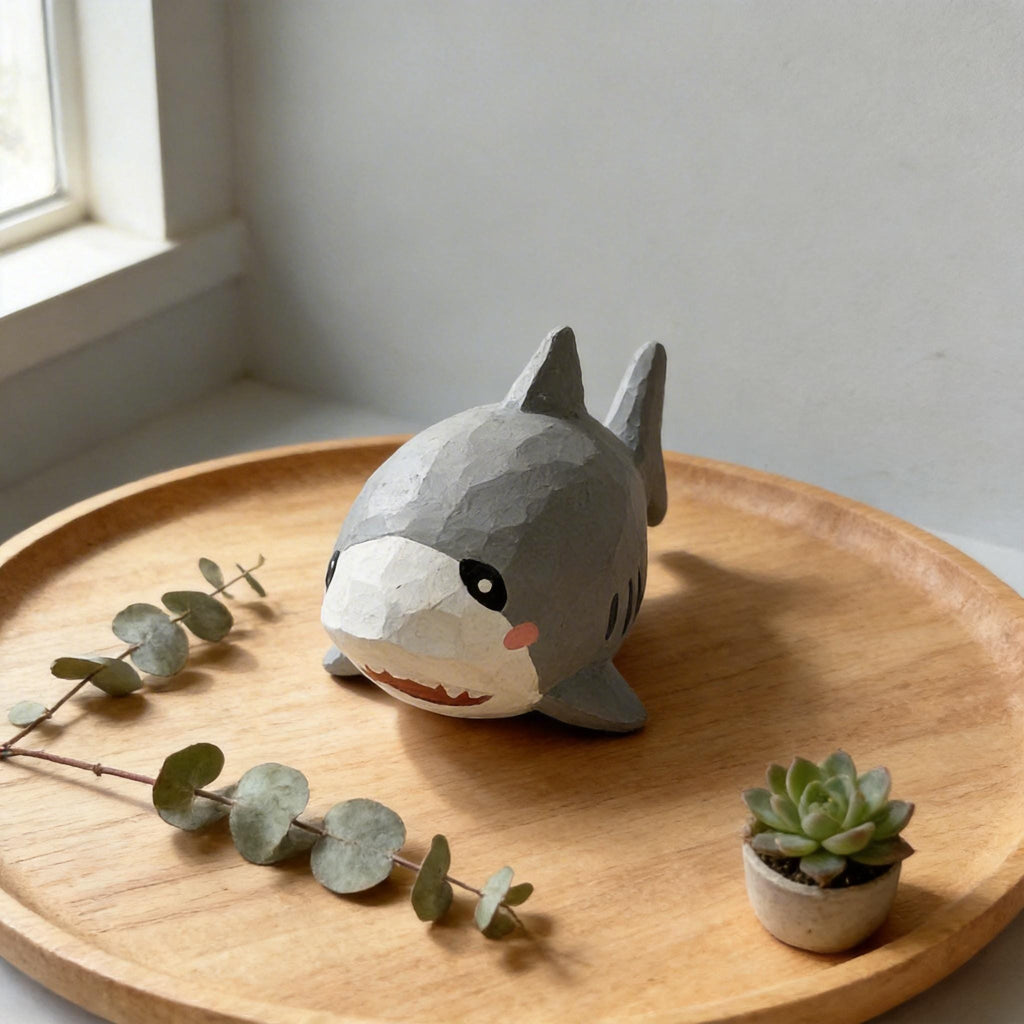 Whimsical Hand Carved Wooden Shark Figurine Cute Nautical Decor Coastal Nursery Art Handmade Wooden Animal Ocean Lover Gift