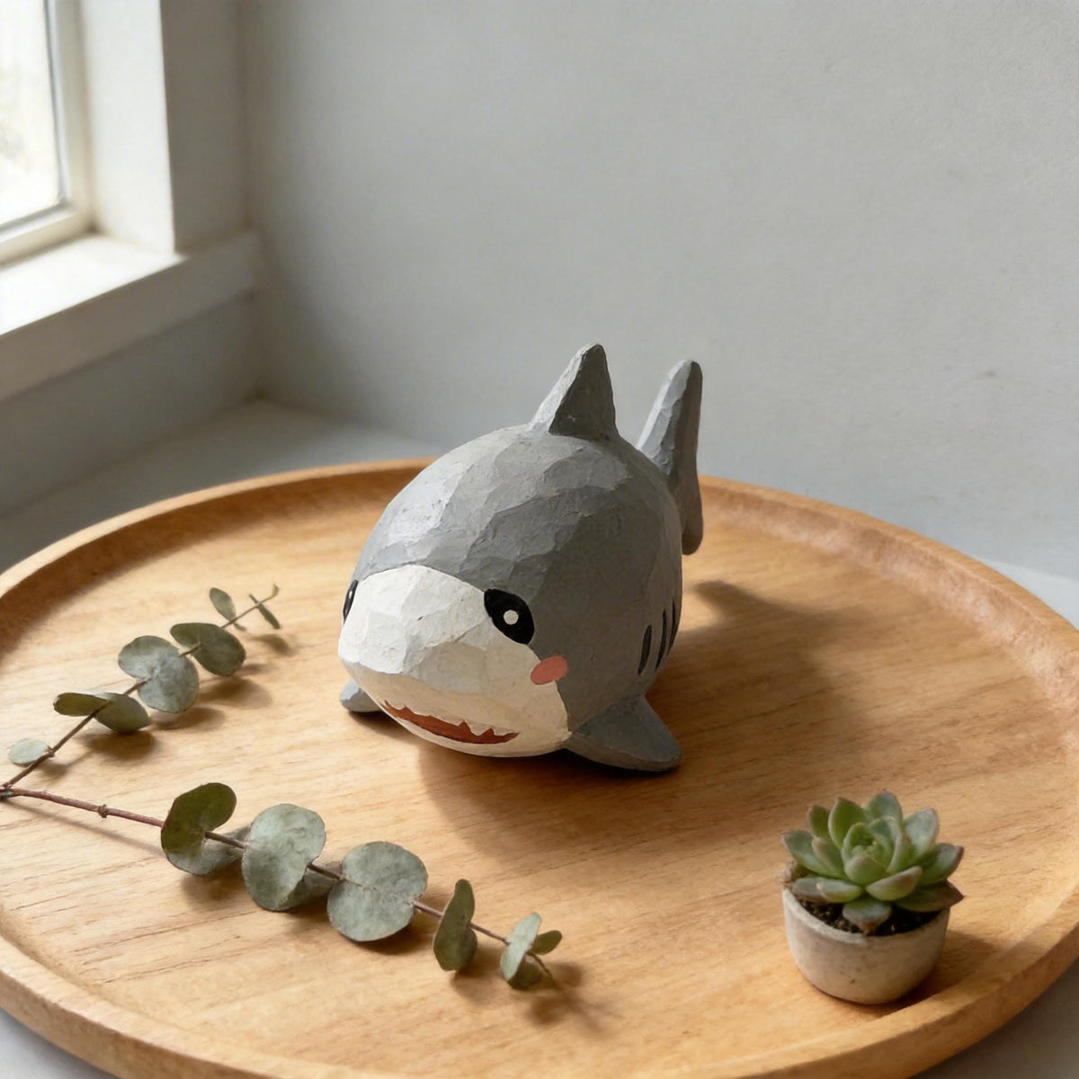 Whimsical Hand Carved Wooden Shark Figurine Cute Nautical Decor Coastal Nursery Art Handmade Wooden Animal Ocean Lover Gift