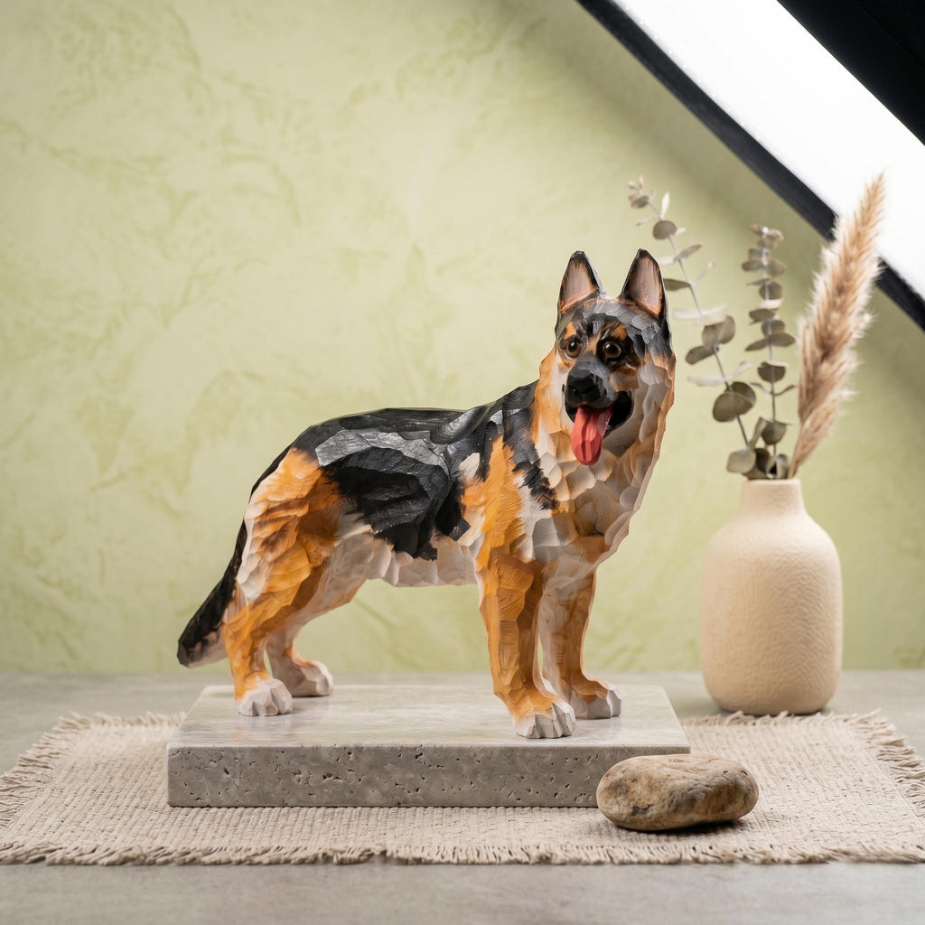Loyal Hand Carved Wooden German Shepherd Figurine, Rustic Dog Sculpture Pet Memorial Art, Unique Gift for Dog Lover