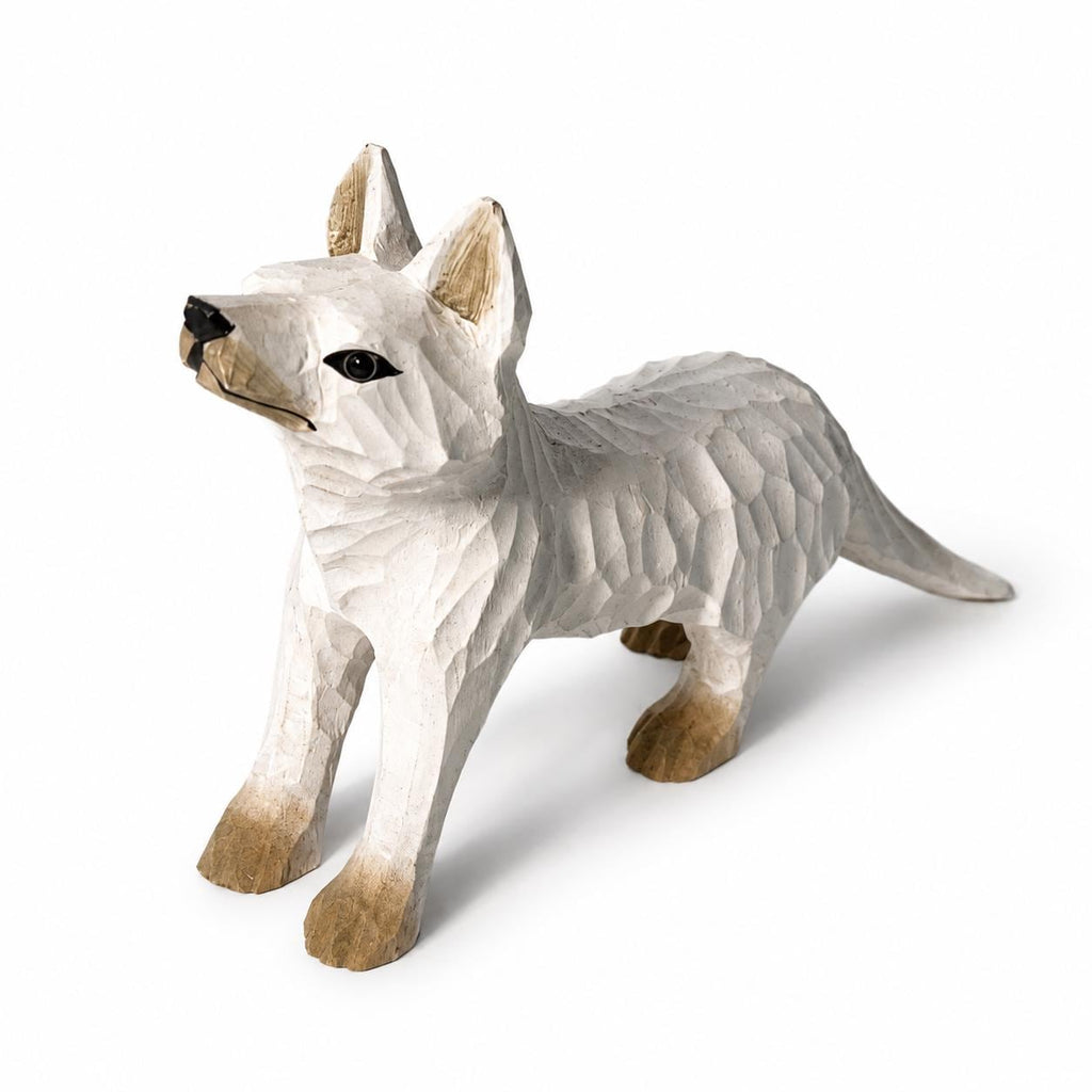 Whimsical White Arctic Fox Hand Carved Wood Figurine Woodland Animal Nursery Decor Rustic Desk Accessory Unique Gift for Nature Lover