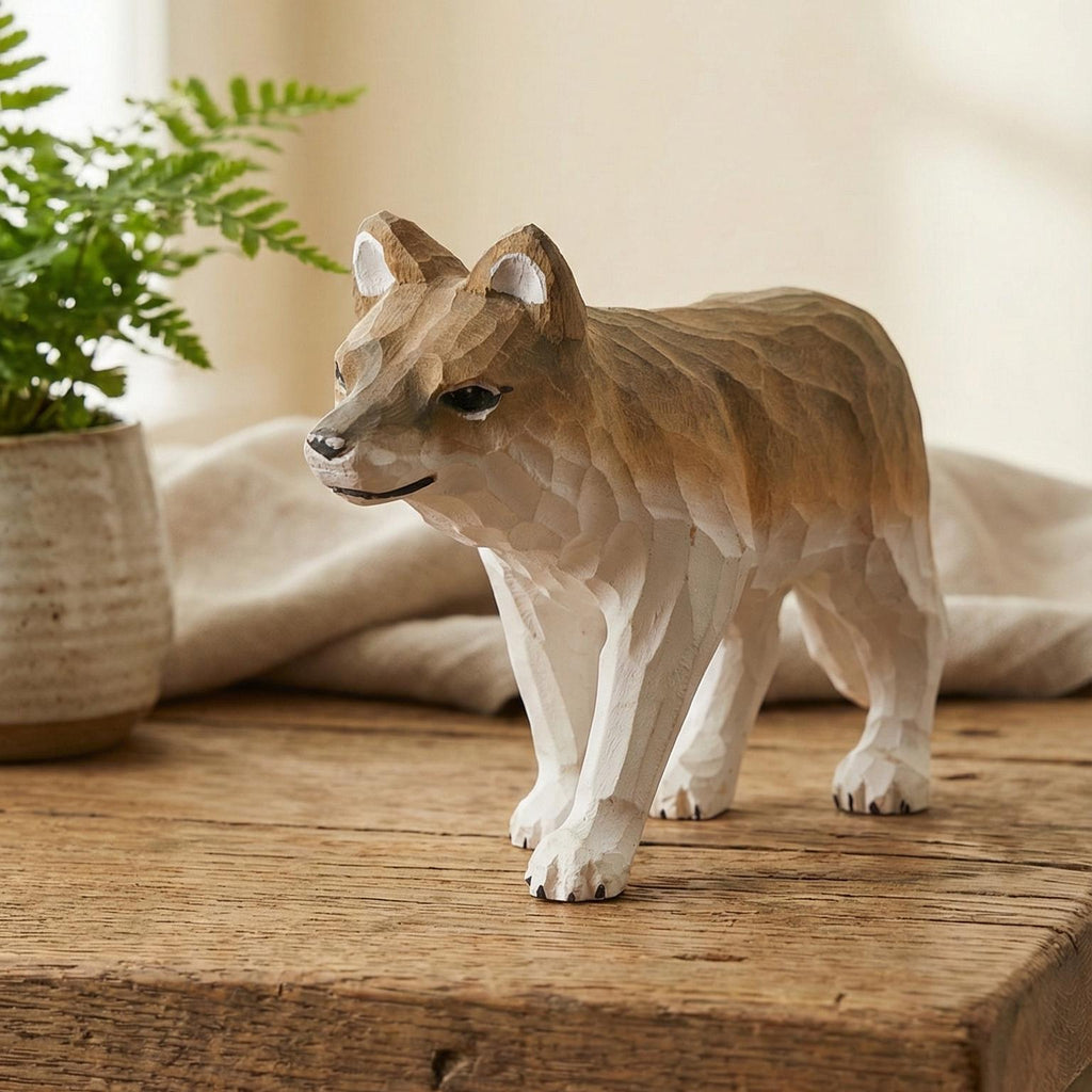Hand Carved Wooden Coyote Figurine, Rustic Woodland Animal Decor, Whittled Wolf Statue, Desk Pet, Nature Lover Gift