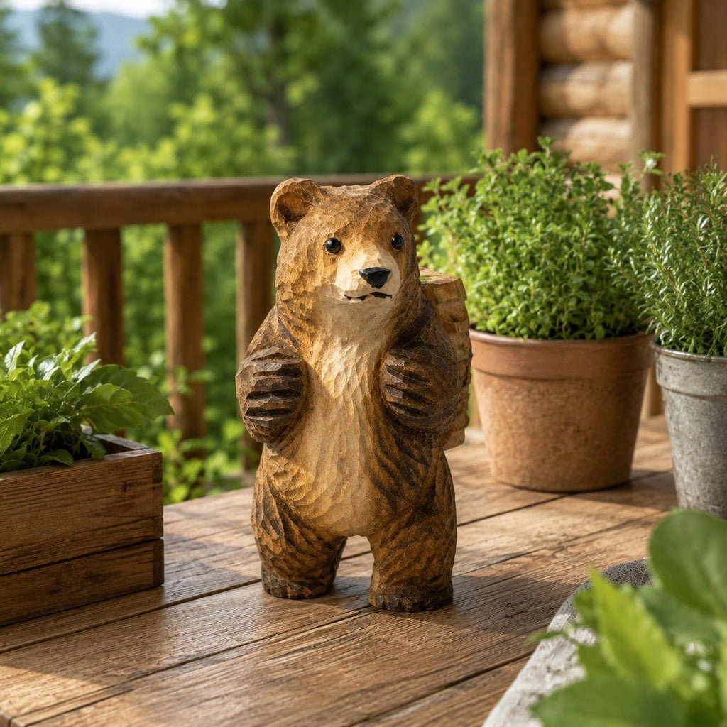 Hand-Carved Wooden Bear with Backpack Figurine | Whimsical Forest Hiker Decor | Cute Wood Animal Sculpture | Nature Lover Gift