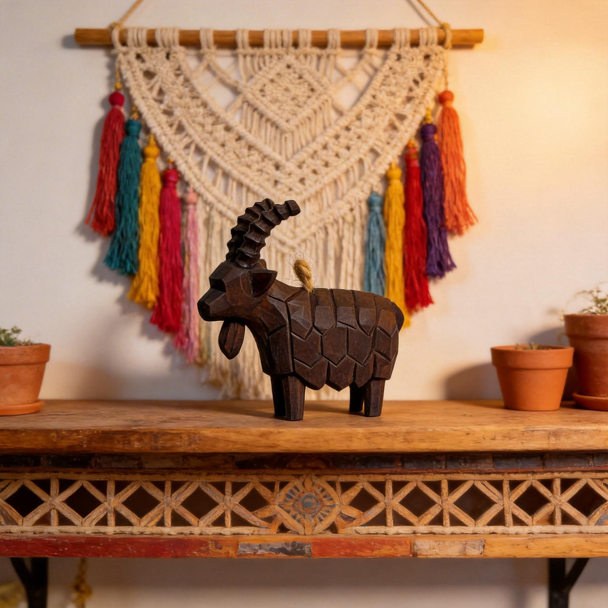 Rustic Geometric Wood Goat Figurine | Hand Carved Mountain Ibex Statue | Farmhouse Shelf Decor | Unique Wooden Animal Lover Gift