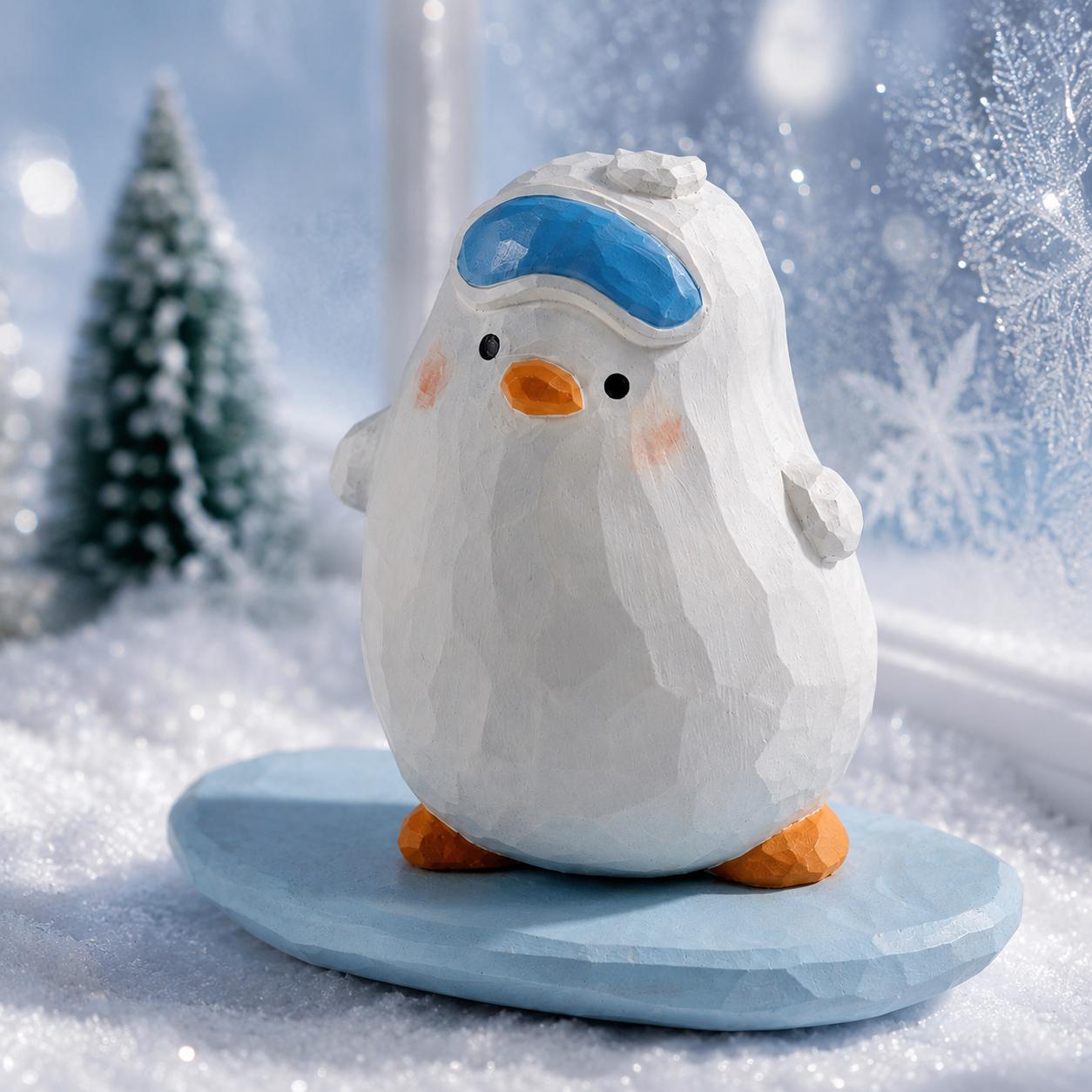 Whimsical Snowboarding Bird Wood Carving, Cute Winter Decor, Hand Carved Penguin Figurine, Ski Lover Gift