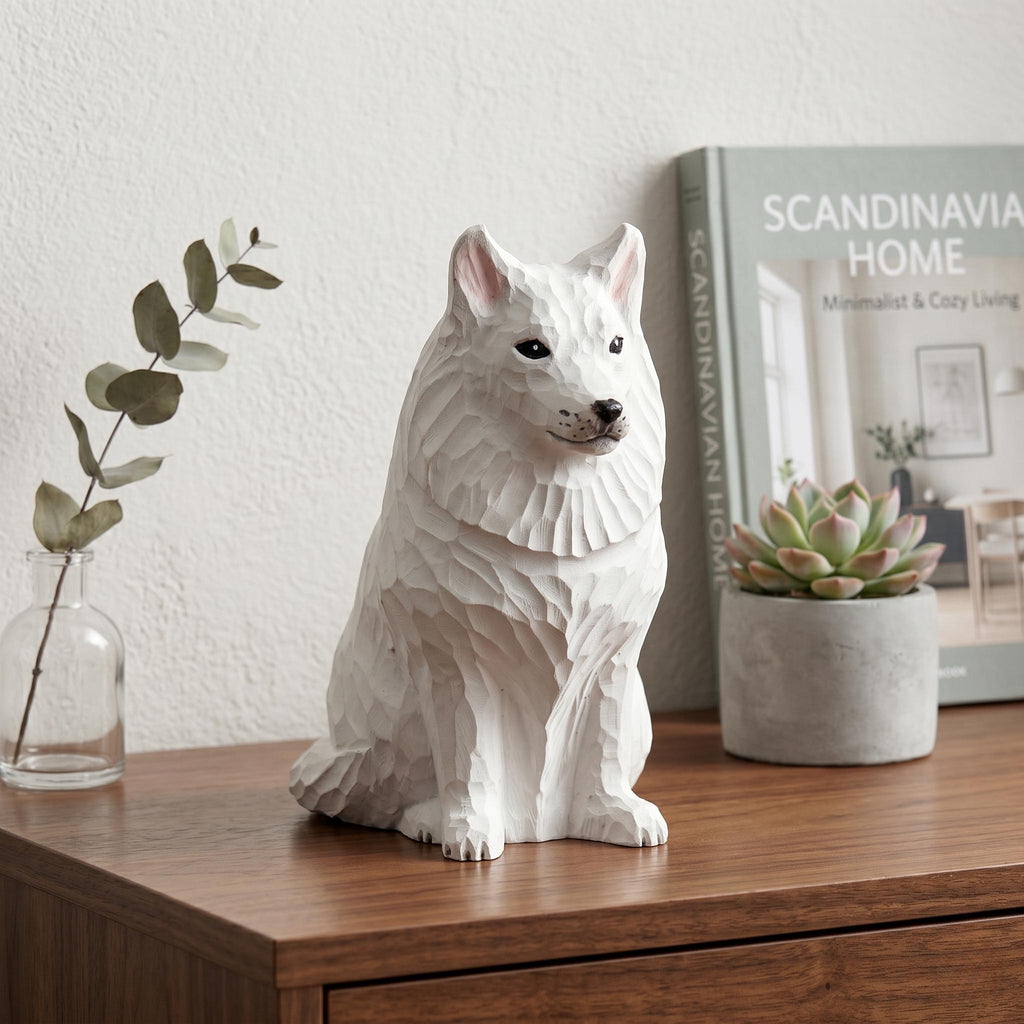 Sweet Hand Carved Wooden Samoyed Dog, Minimalist White Pet Figurine, Rustic Animal Art Sculpture, Thoughtful Dog Lover Gift Memorial