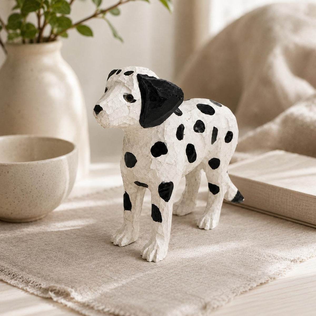 Hand-Carved Wooden Dalmatian Figurine | Spotted Puppy Sculpture | Whimsical Dog Desk Decor | Unique Pet Lover Gift