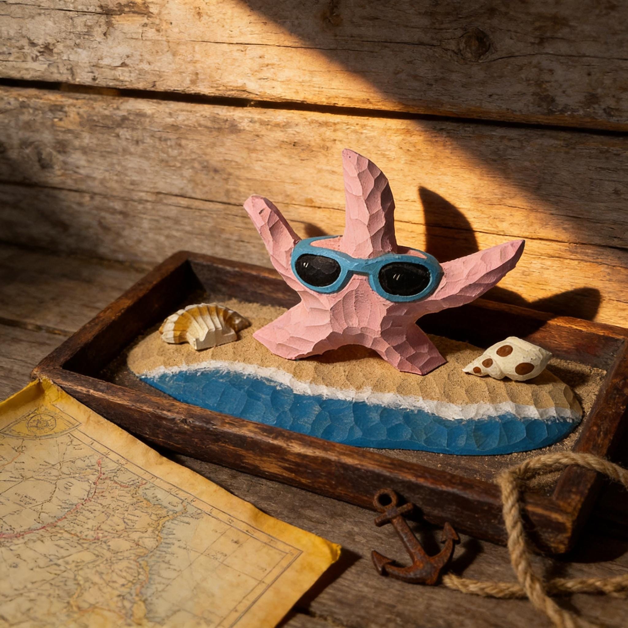 Whimsical Pink Starfish Wood Carving, Beach House Decor, Sunglasses Starfish Figurine, Coastal Shelf Decor, Unique Summer Lover Gift