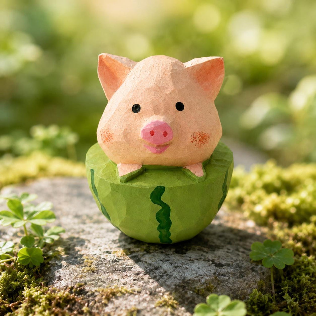 Whimsical Wooden Pig in Watermelon Figurine Hand Carved Miniature Desk Decor Cute Summer Gift for Pig Lovers
