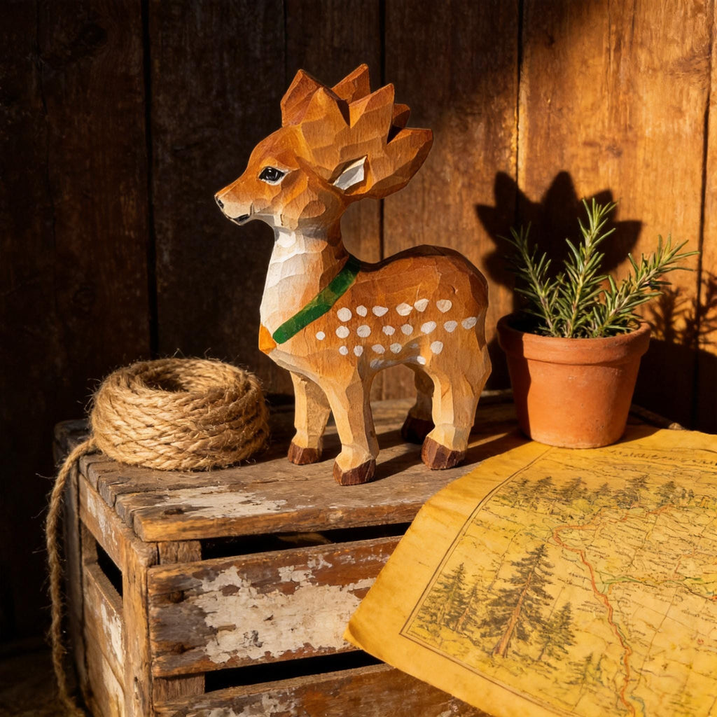 Whimsical Hand Carved Wooden Deer Miniature Woodland Animal Figurine Nursery Decor Gift for Nature Lover