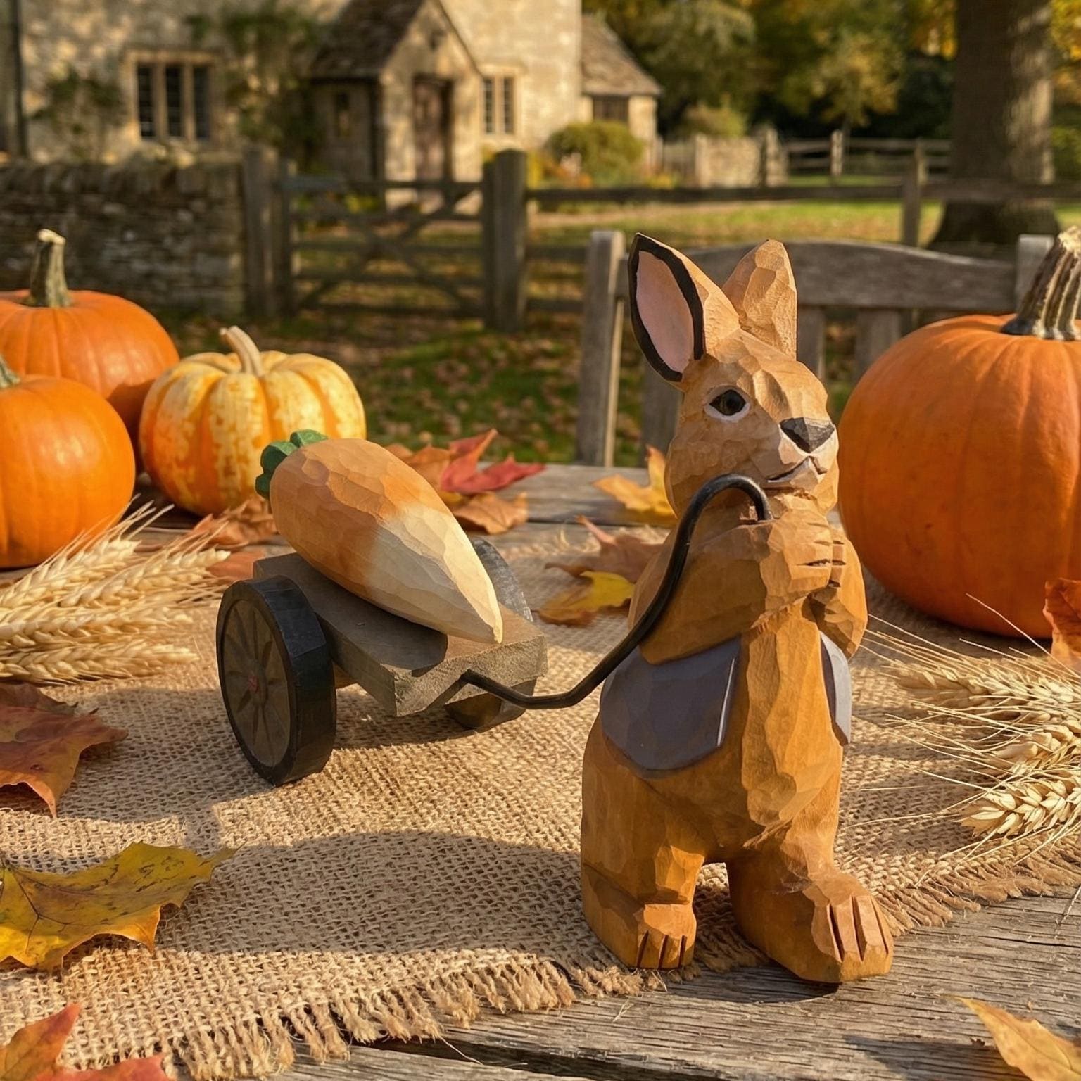 Handmade Wooden Rabbit Figurine, Bunny Pulling Wagon, Easter Decor, Gardener Gift, Spring Animal Art