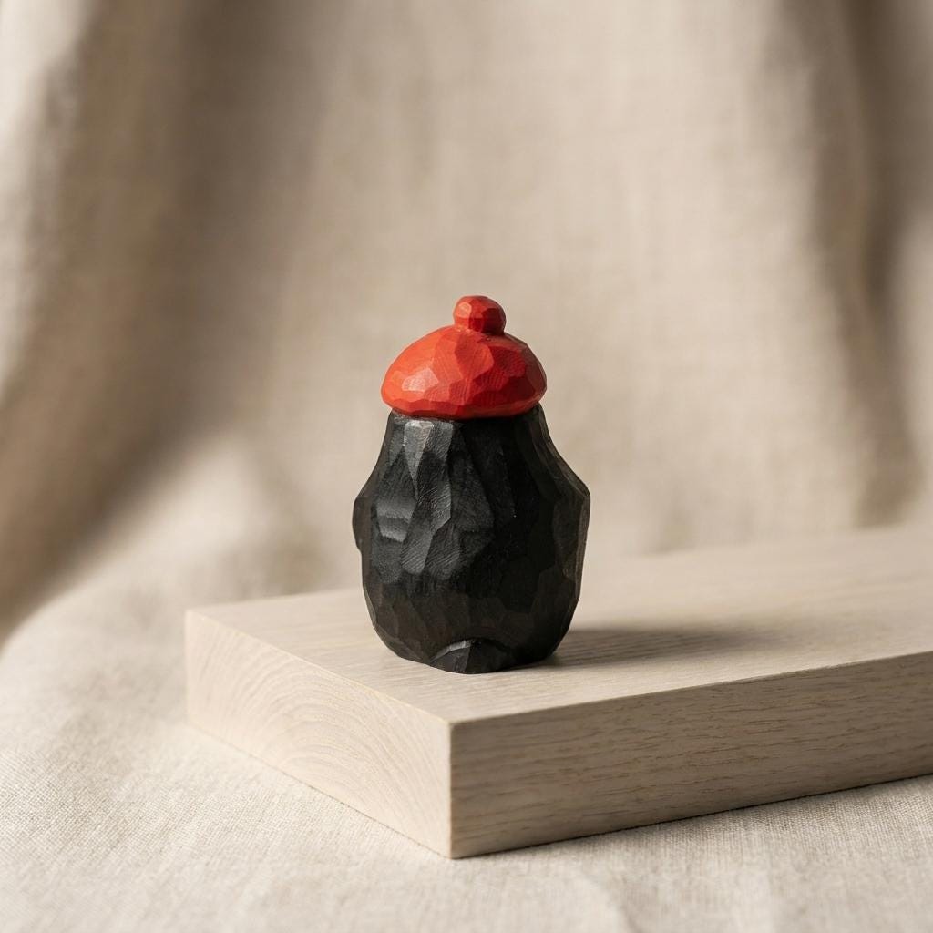 Whimsical Wooden Penguin Figurine in Red Beret, Hand Carved Bird Statue, Cute Desk Decor, Winter Animal Art, Unique Gift for Bird Lover