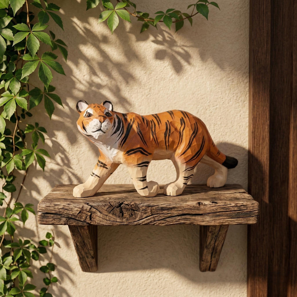 Hand-Carved Wood Tiger Figurine, Artisan Animal Sculpture, Jungle Nursery Decor, Tiger Statue