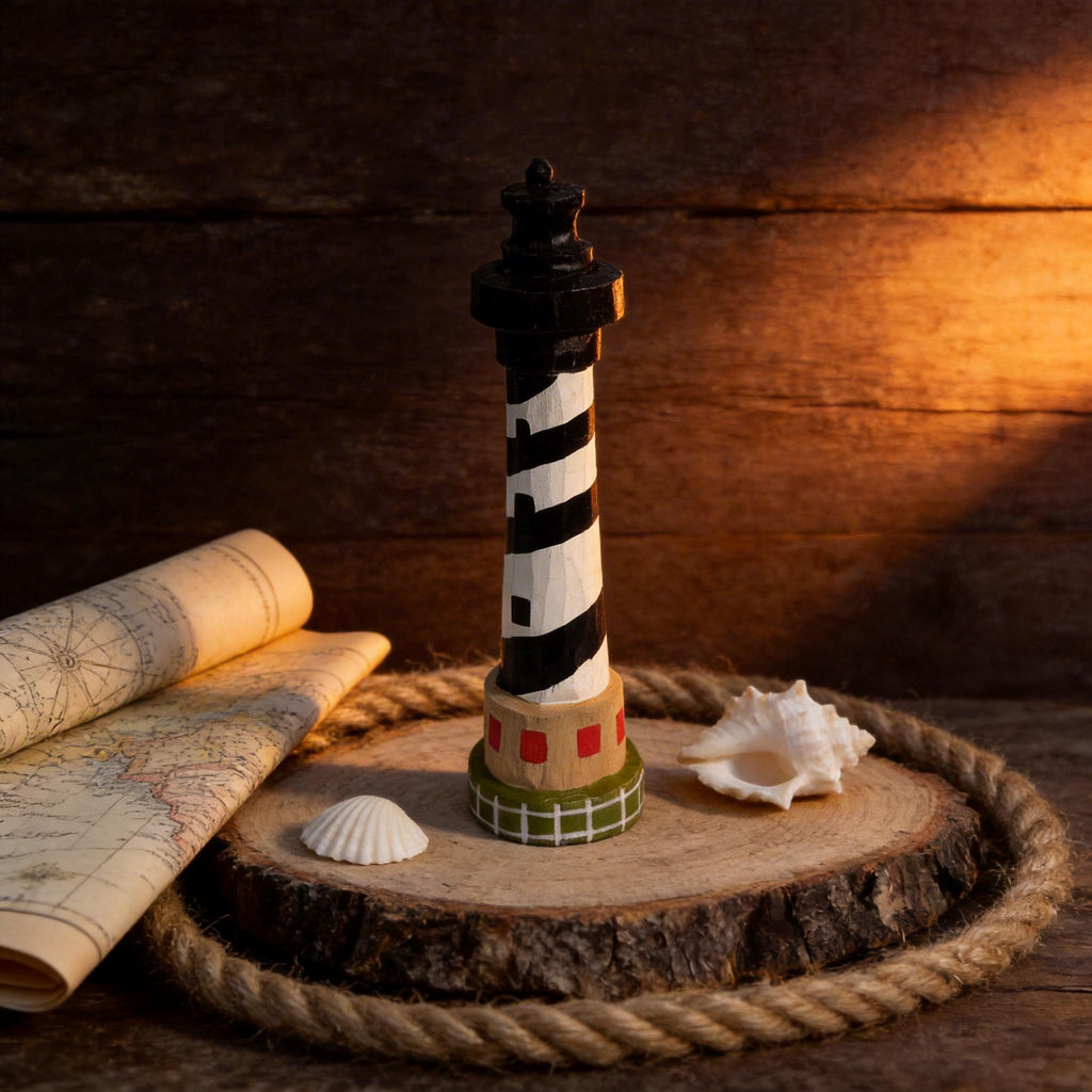 Rustic Hand-Carved Wooden Lighthouse Black and White Nautical Coastal Decor Unique Beach Lover Gift Ocean Theme Nursery Accent
