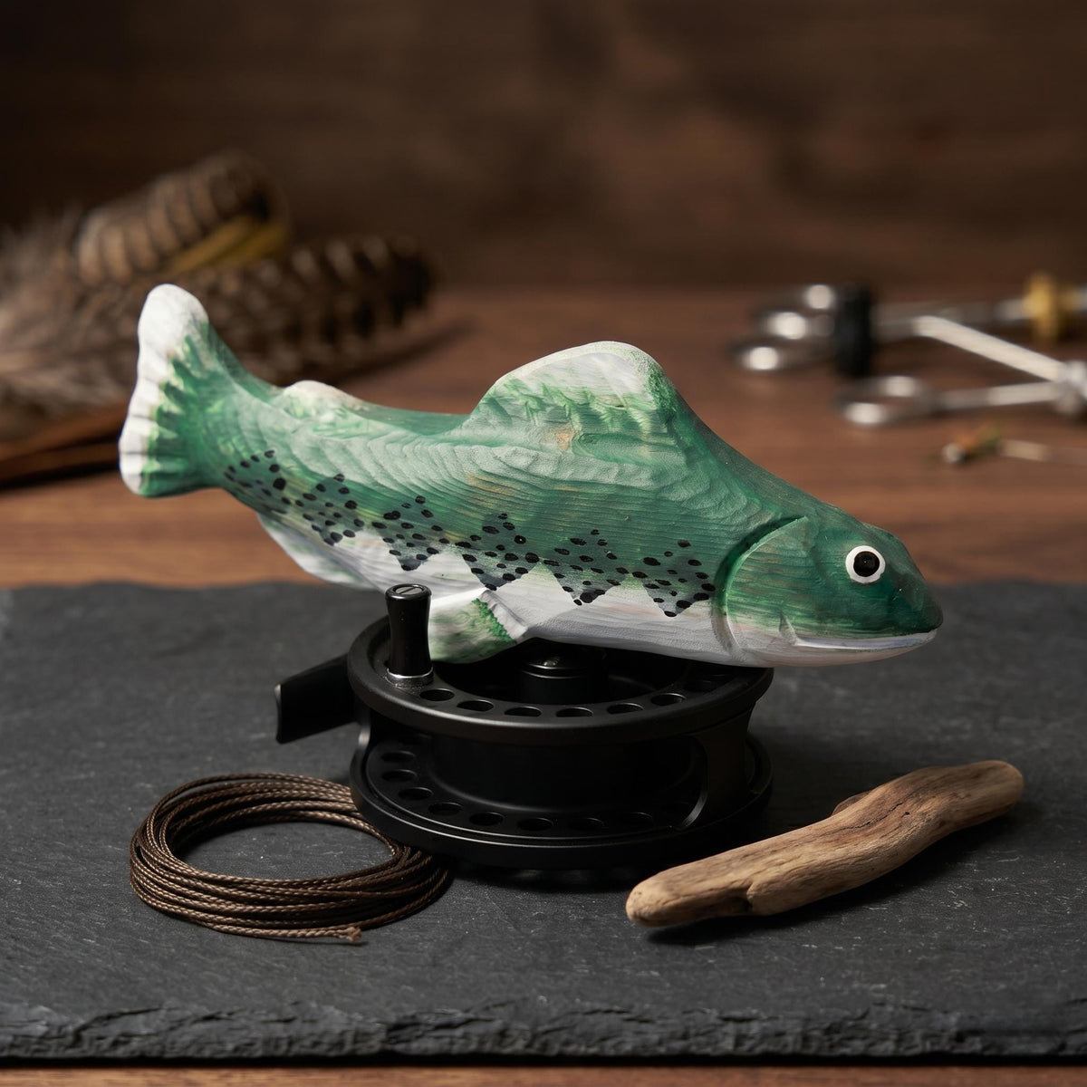 Rustic Hand Carved Wooden Trout Figurine, Green Fish Decor, River Cabin Art, Fly Fishing Gift for Him, Nature Lover Desktop Ornament