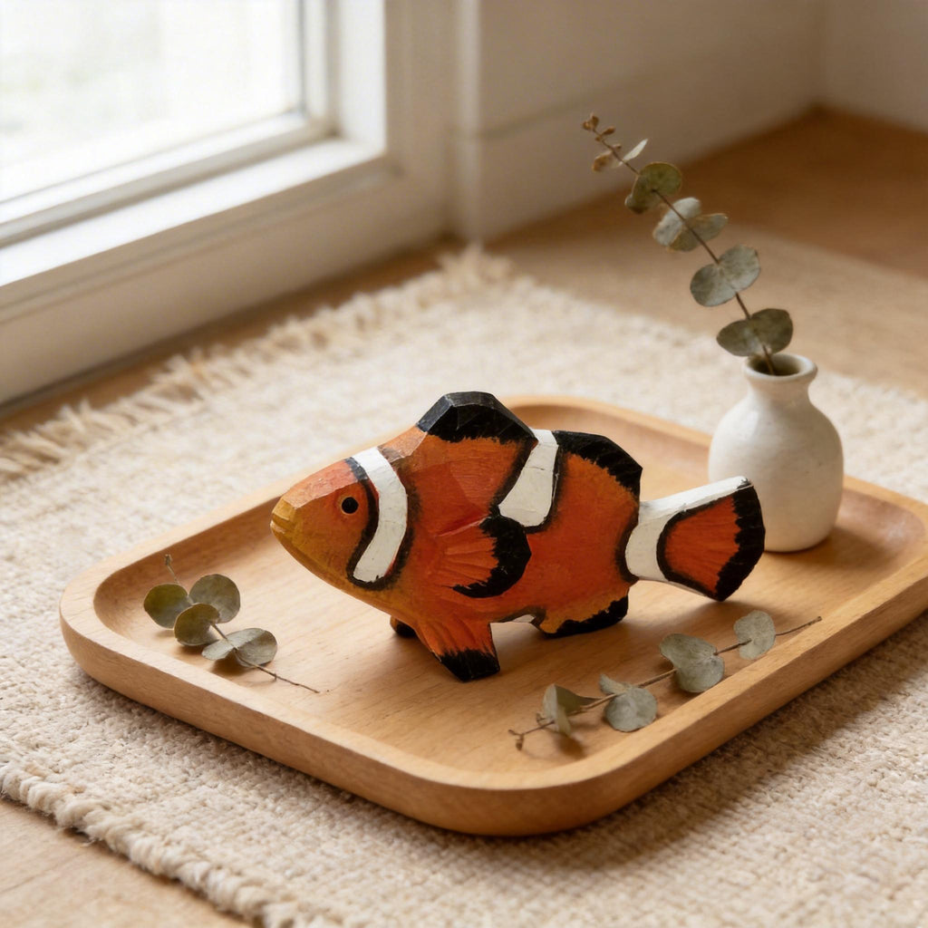 Hand Carved Wooden Clownfish Figurine, Nautical Nursery Decor, Tropical Sea Animal Sculpture, Hand Painted Fish Ornament